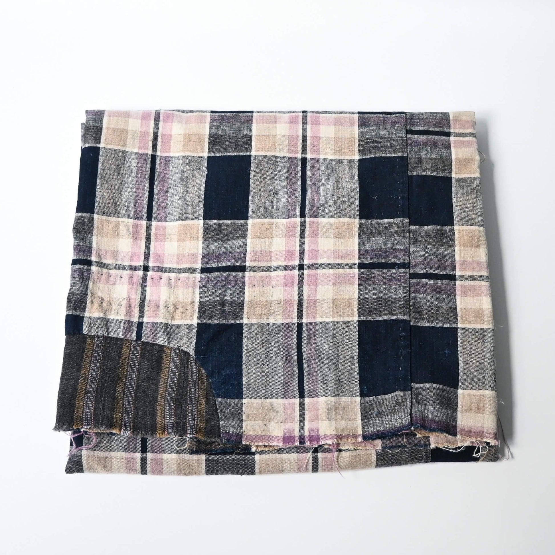 Vintage Japanese indigo and soft pink check cotton futon cover with mended patches, boro textiles.
