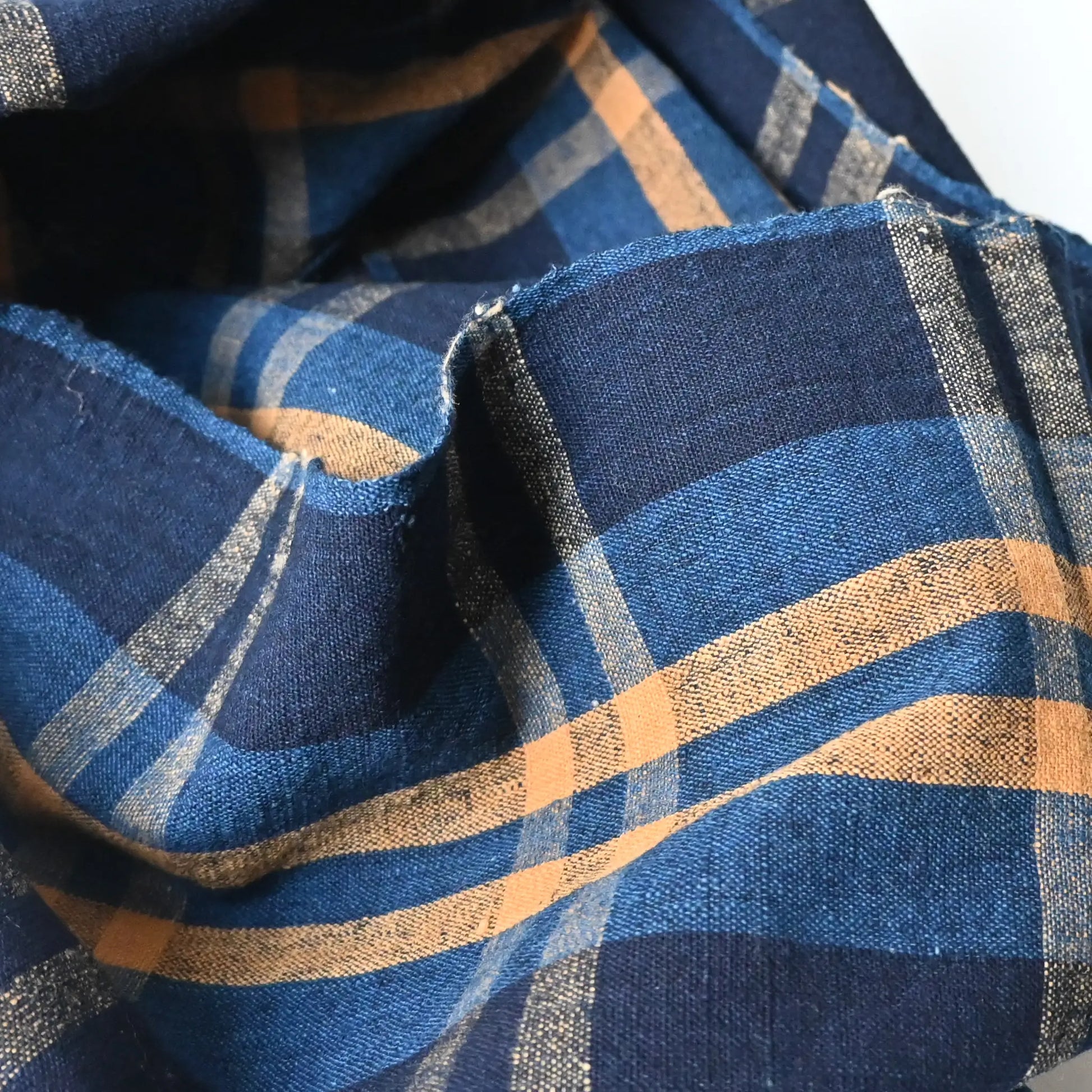 Detailed view of vintage Japanese indigo check cotton, originally part of futon cover from the mid-20th century.