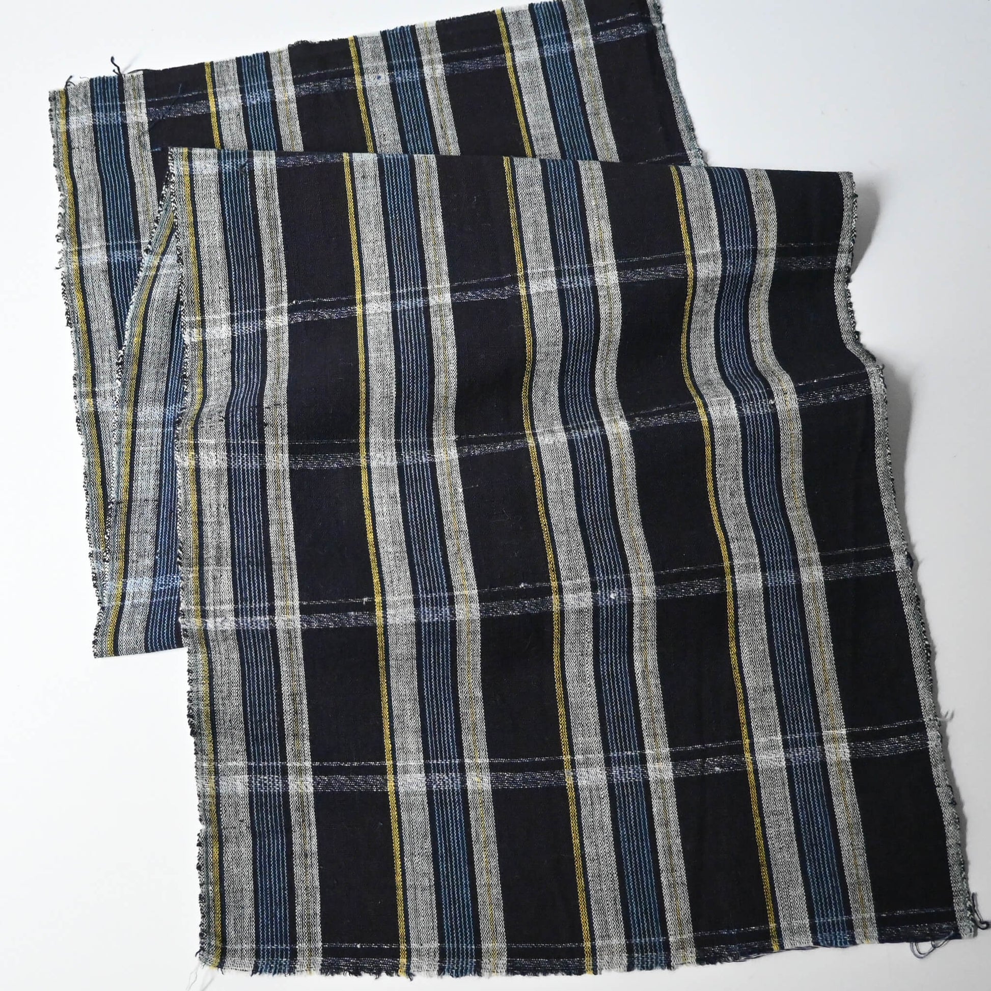 Full view of vintage Japanese indigo check cotton fabric piece.