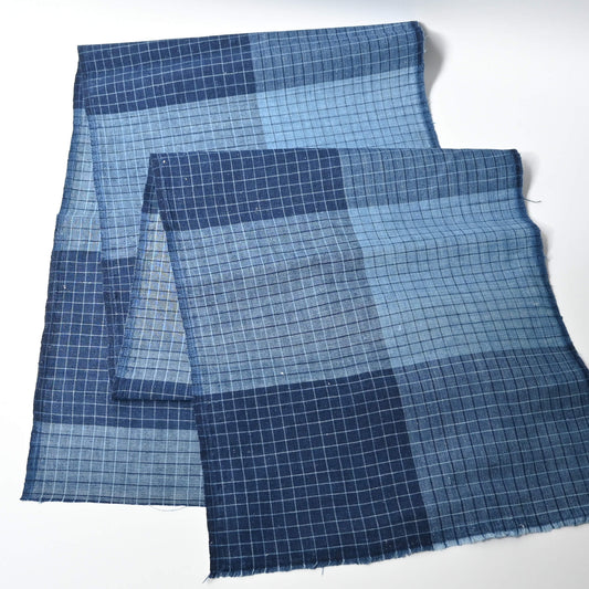 Full view of vintage Japanese indigo check cotton from futon cover in medium-weight.