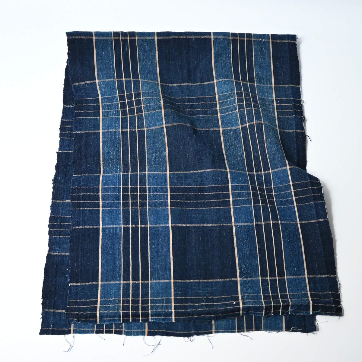 Vintage Japanese indigo check cotton piece from old futon cover with mend.