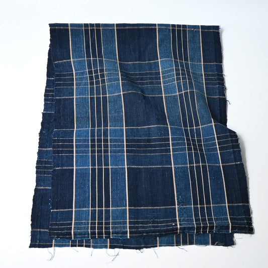 Vintage Japanese indigo check cotton piece from old futon cover with mend.