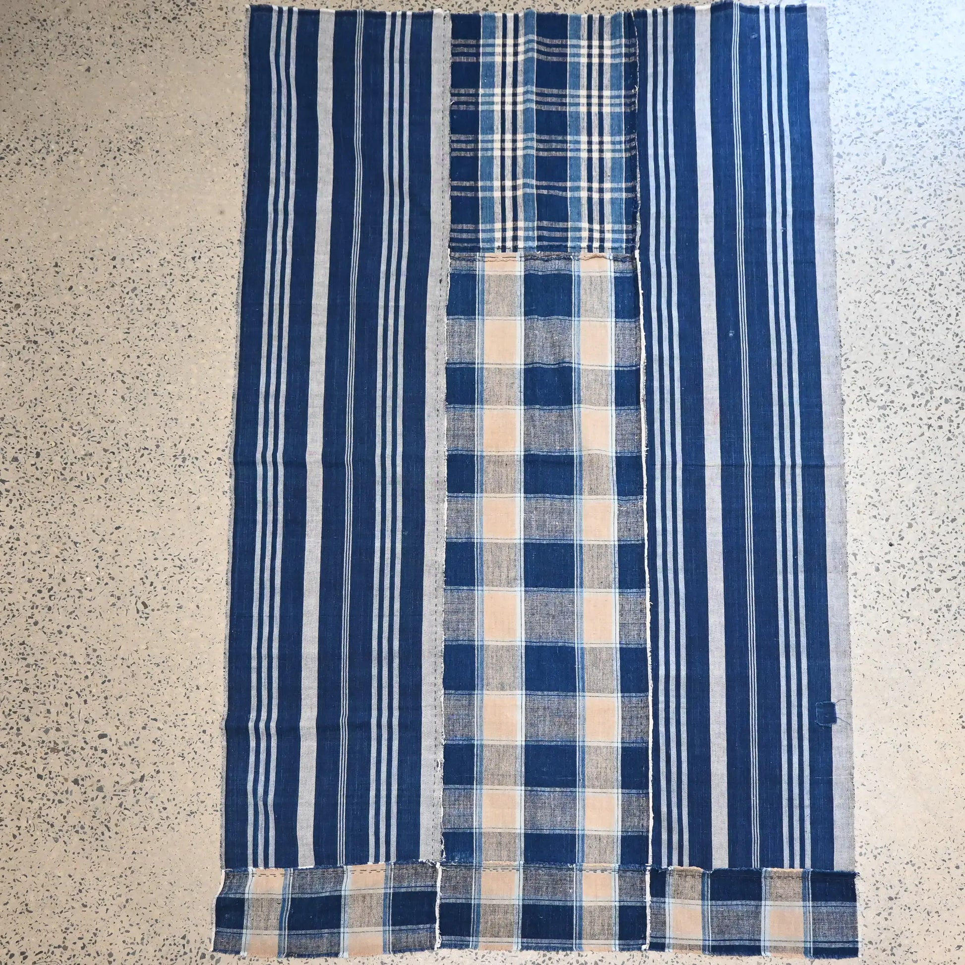 Full view of Vintage Japanese indigo futon cover with check and stripe from mid-20th century.