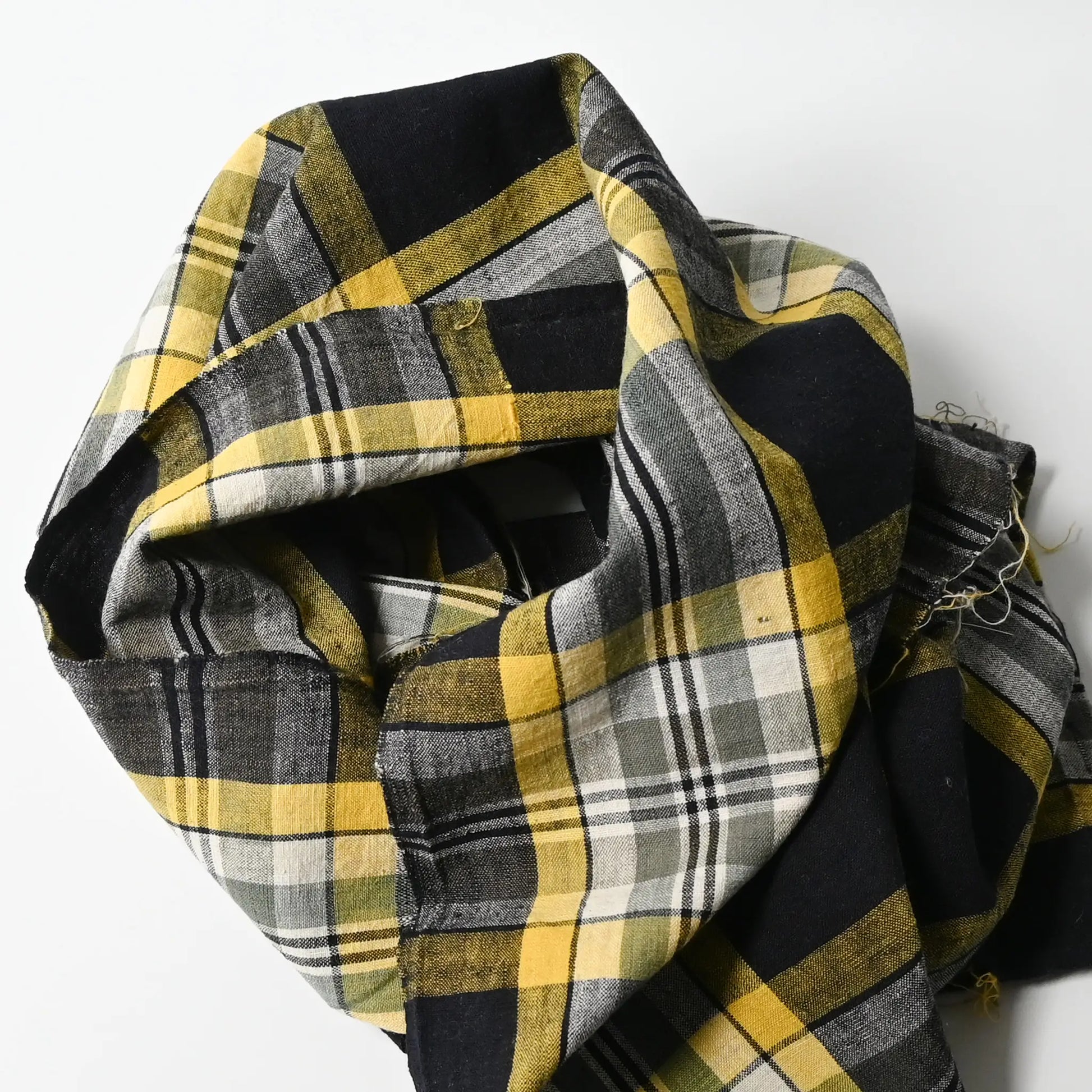 Vintage Japanese indigo yellow check cotton futon cover panel can be worn as a scarf.