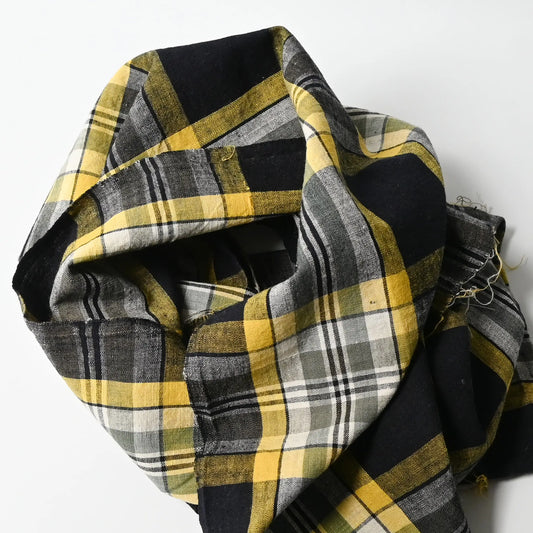 Vintage Japanese indigo yellow check cotton futon cover panel can be worn as a scarf.