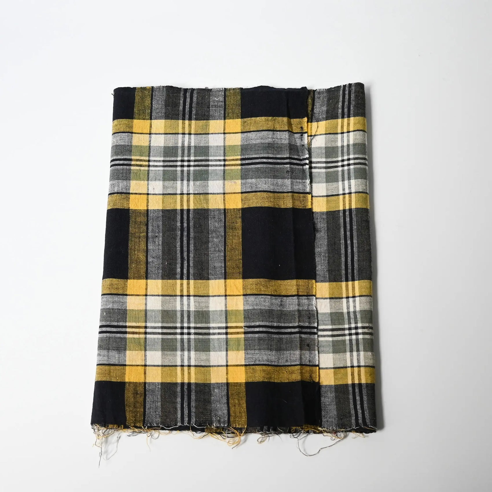 Vintage Japanese indigo yellow check cotton futon cover panel.