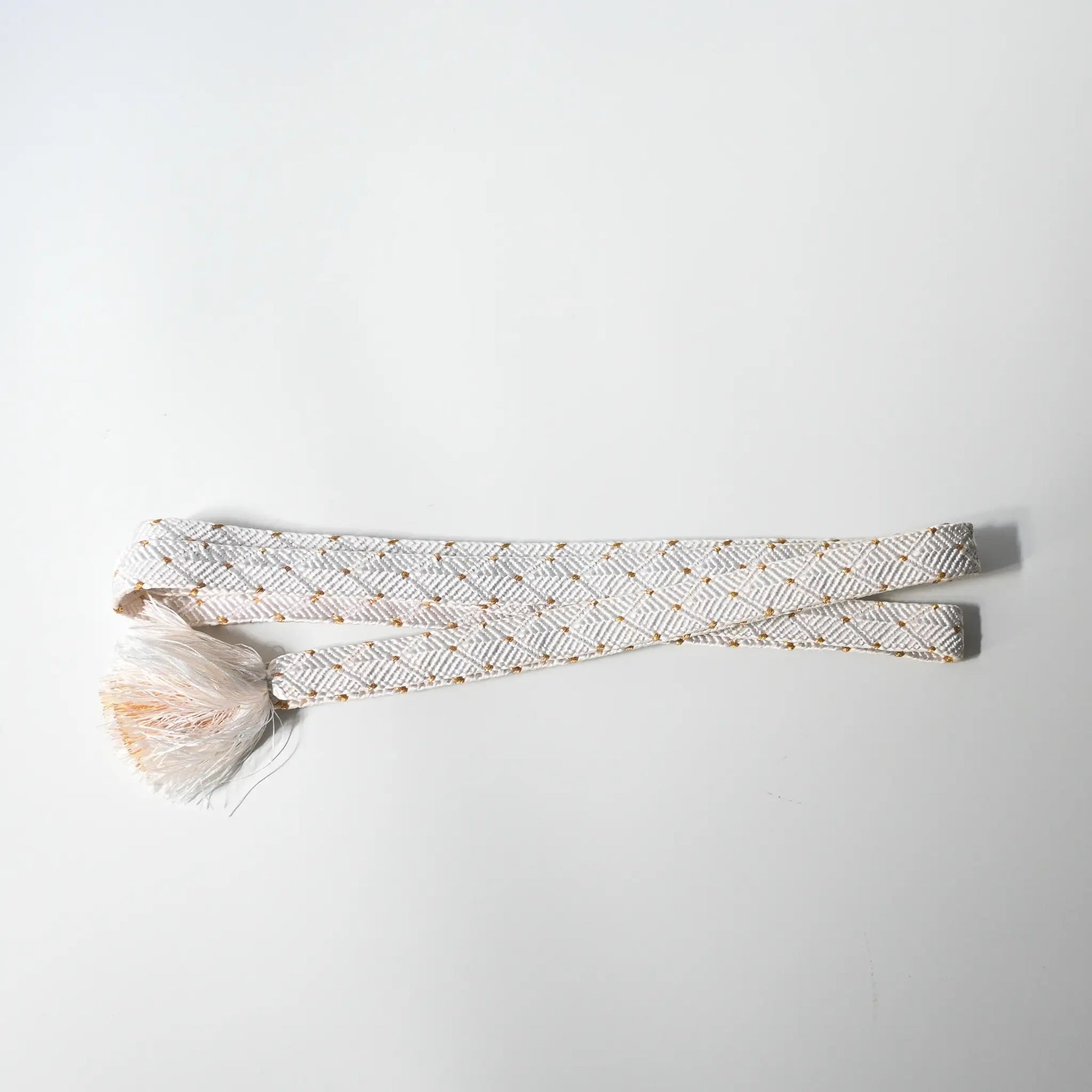 Vintage Japanese Kumihimo braided silk Obijime in white with gold dot design.