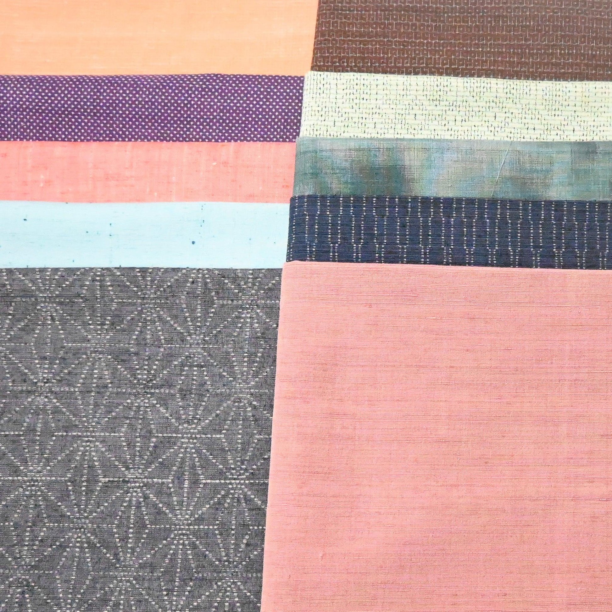 Set of ten vintage kimono silk pieces in pop colours, perfect for any craft projects.