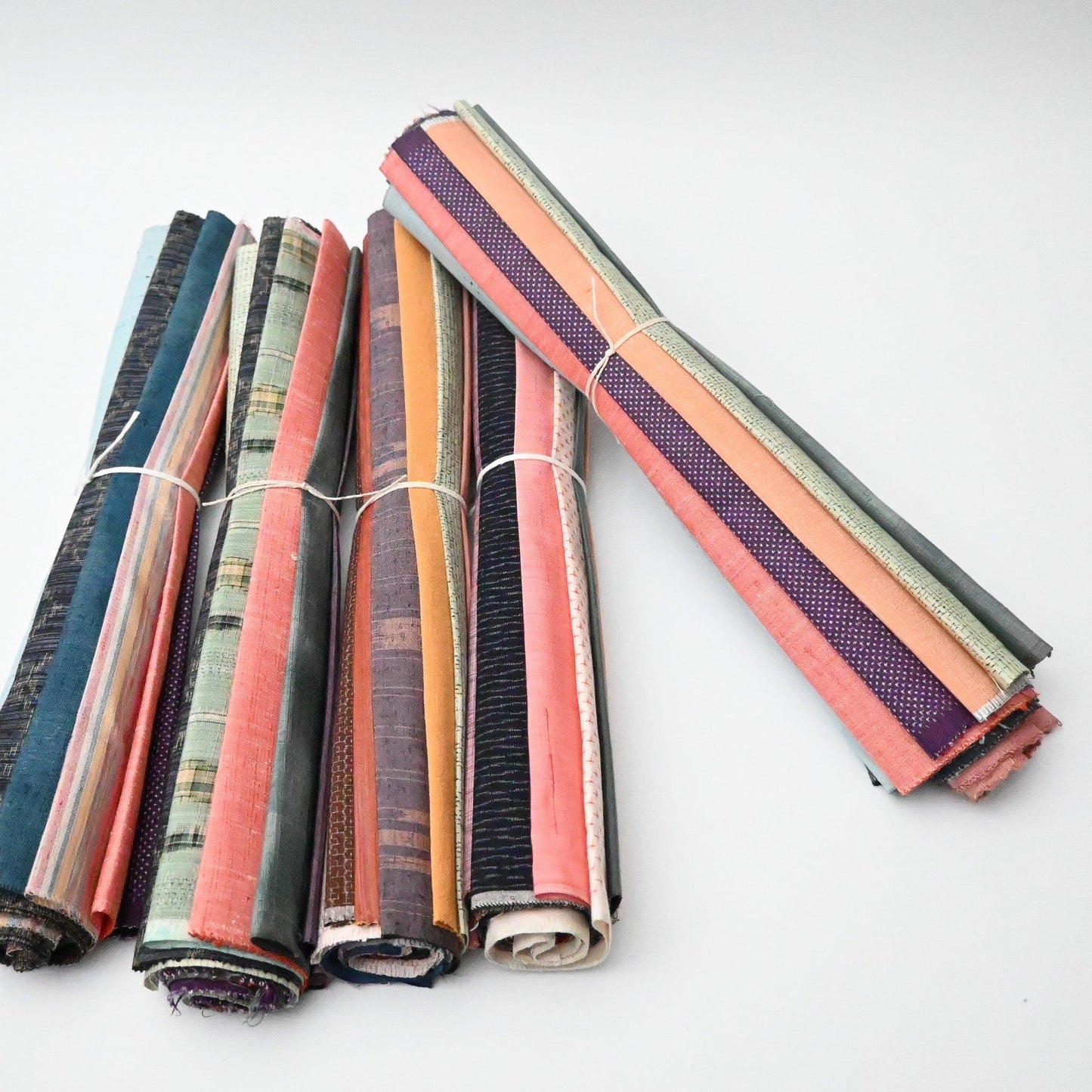 Set of ten vintage kimono silk pieces in pop colours, perfect for any craft projects.