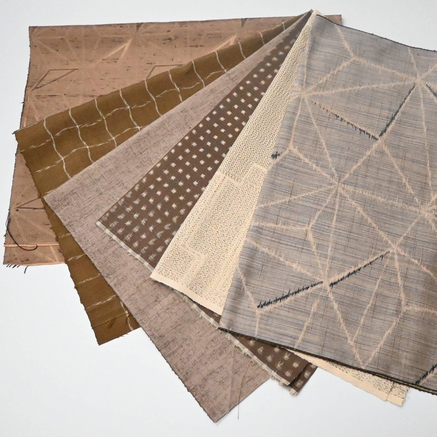 Set of six vintage kimono silk pieces in mocha tone, perfect for any crafts.