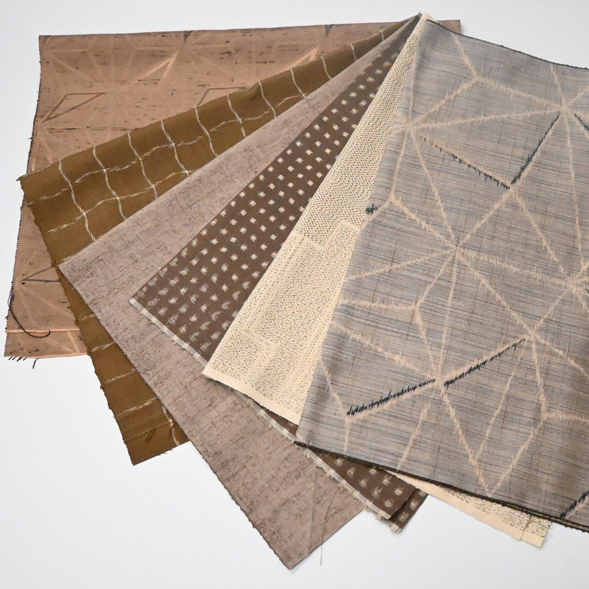 Set of six vintage kimono silk pieces in mocha tone, perfect for any crafts.