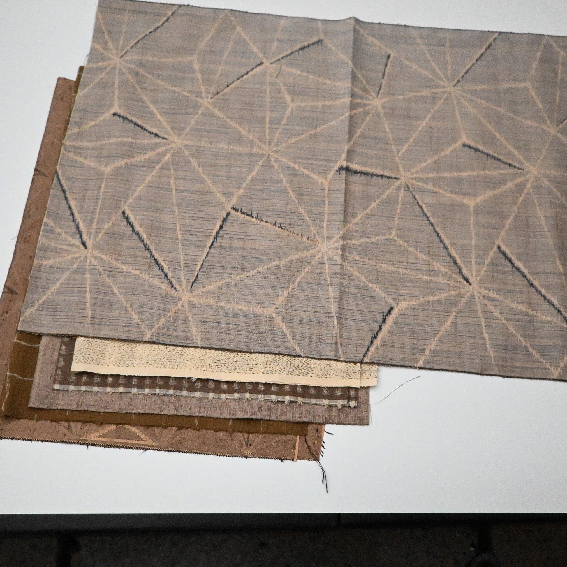 Set of six vintage kimono silk pieces in mocha tone, perfect for any crafts.