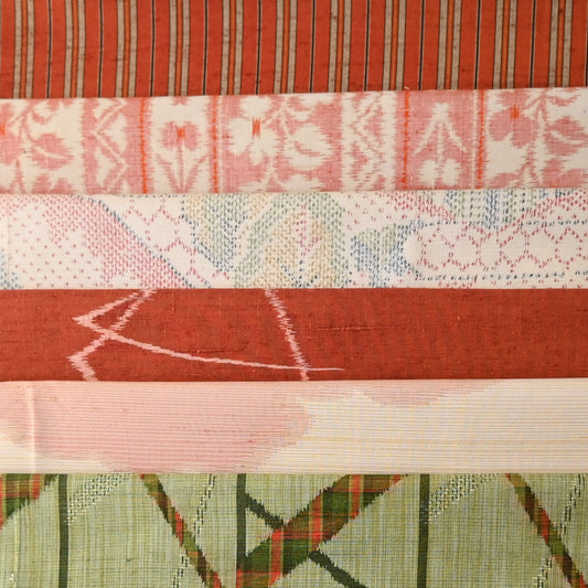 Set of six vintage kimono silk pieces in orange tone, perfect for any crafts.