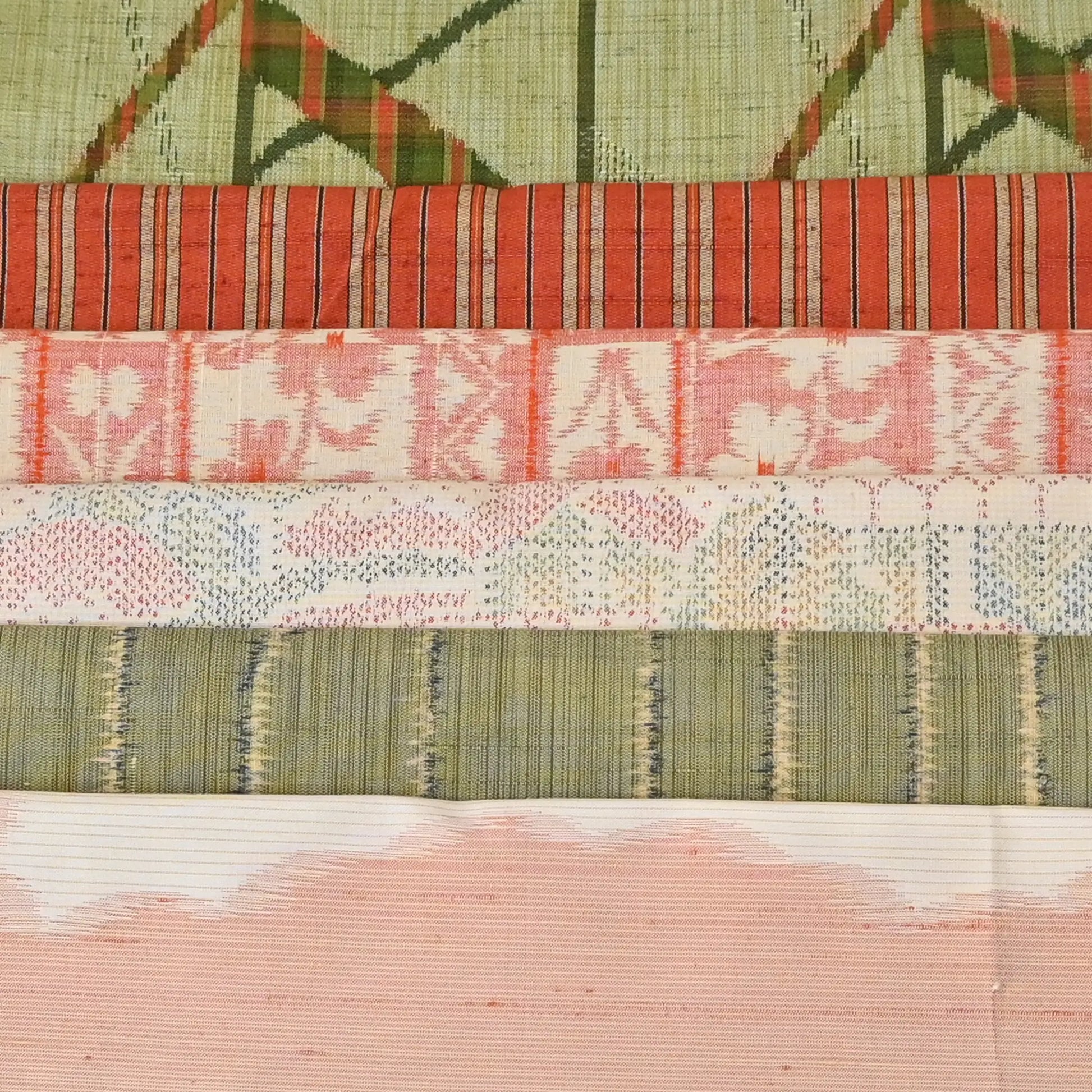 Set of six vintage kimono silk pieces in orange tone, perfect for any crafts.