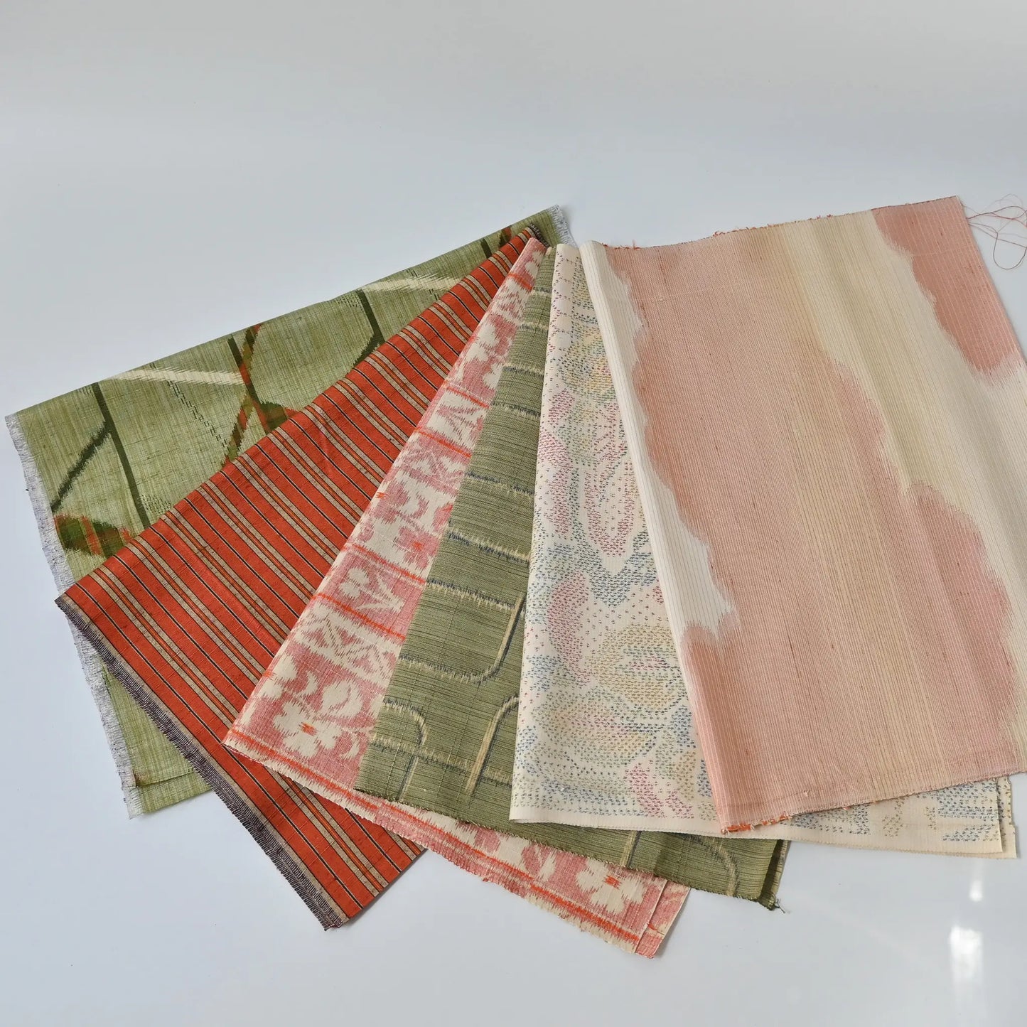 Set of six vintage kimono silk pieces in orange tone, perfect for any crafts.