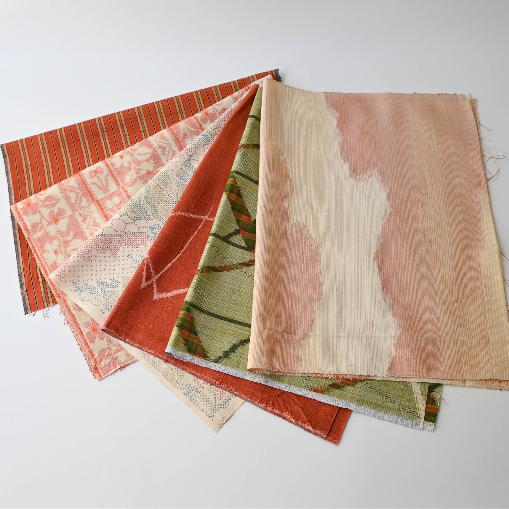 Set of six vintage kimono silk pieces in orange tone, perfect for any crafts.