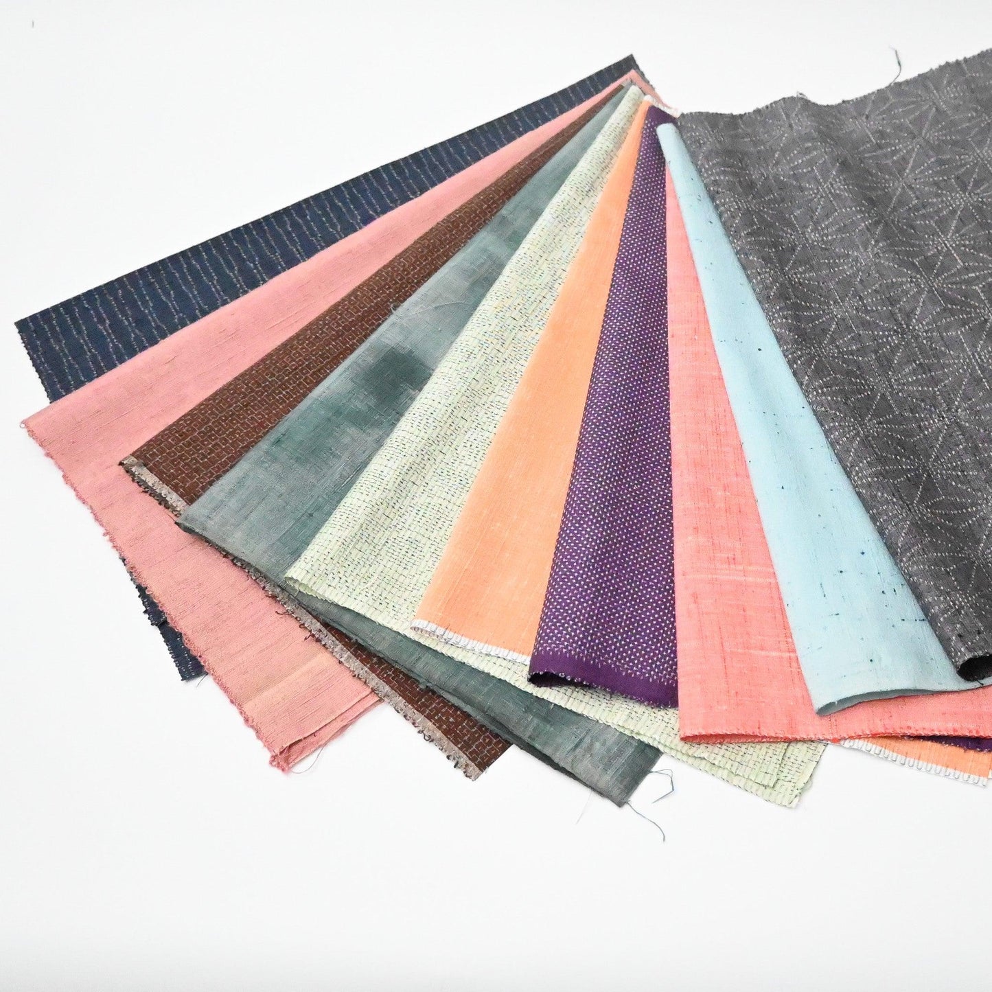 Set of ten vintage kimono silk pieces in pop colours, perfect for any craft projects.
