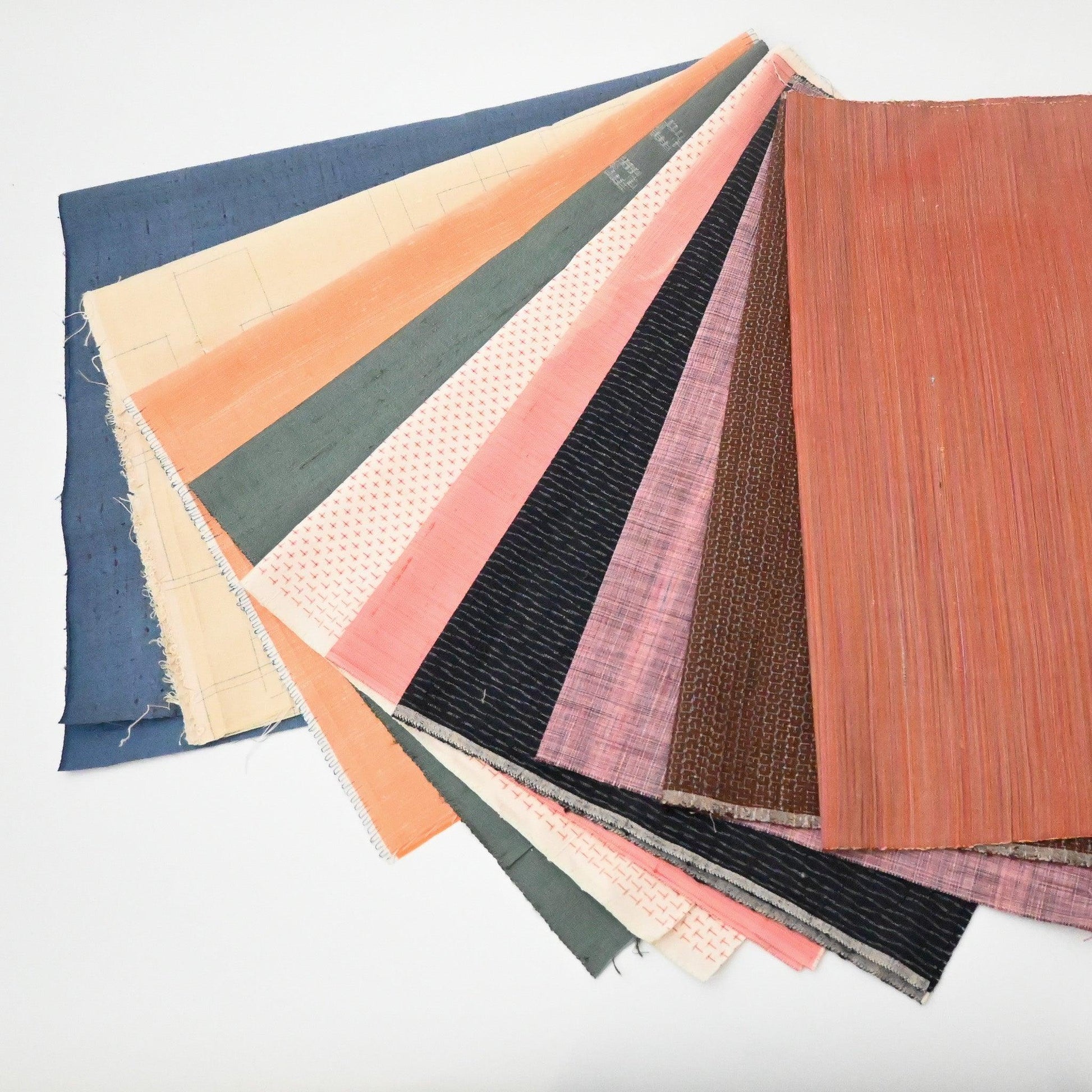 Set of ten vintage kimono silk pieces in pop colours, perfect for any craft projects.