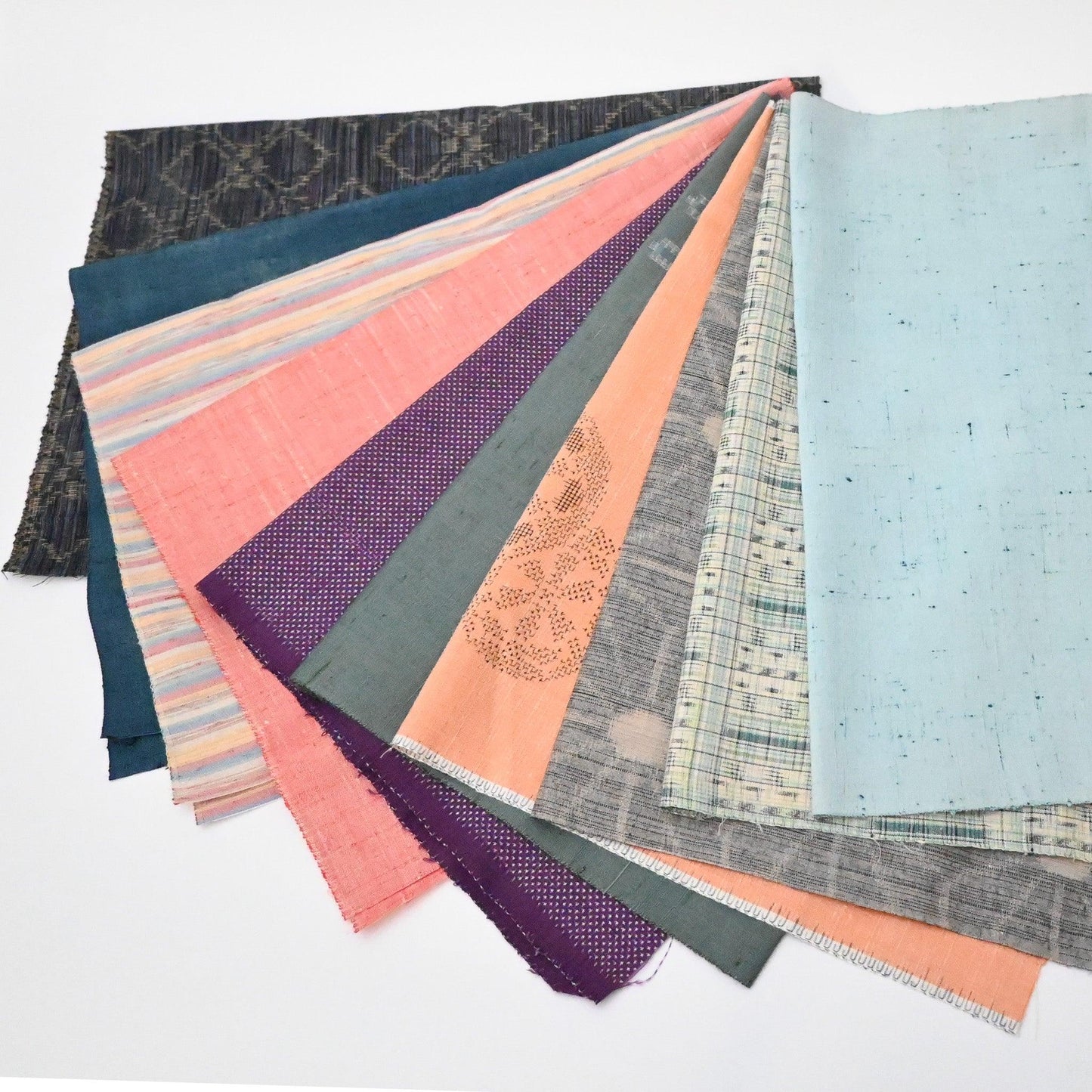 Set of ten vintage kimono silk pieces in pop colours, perfect for any craft projects.