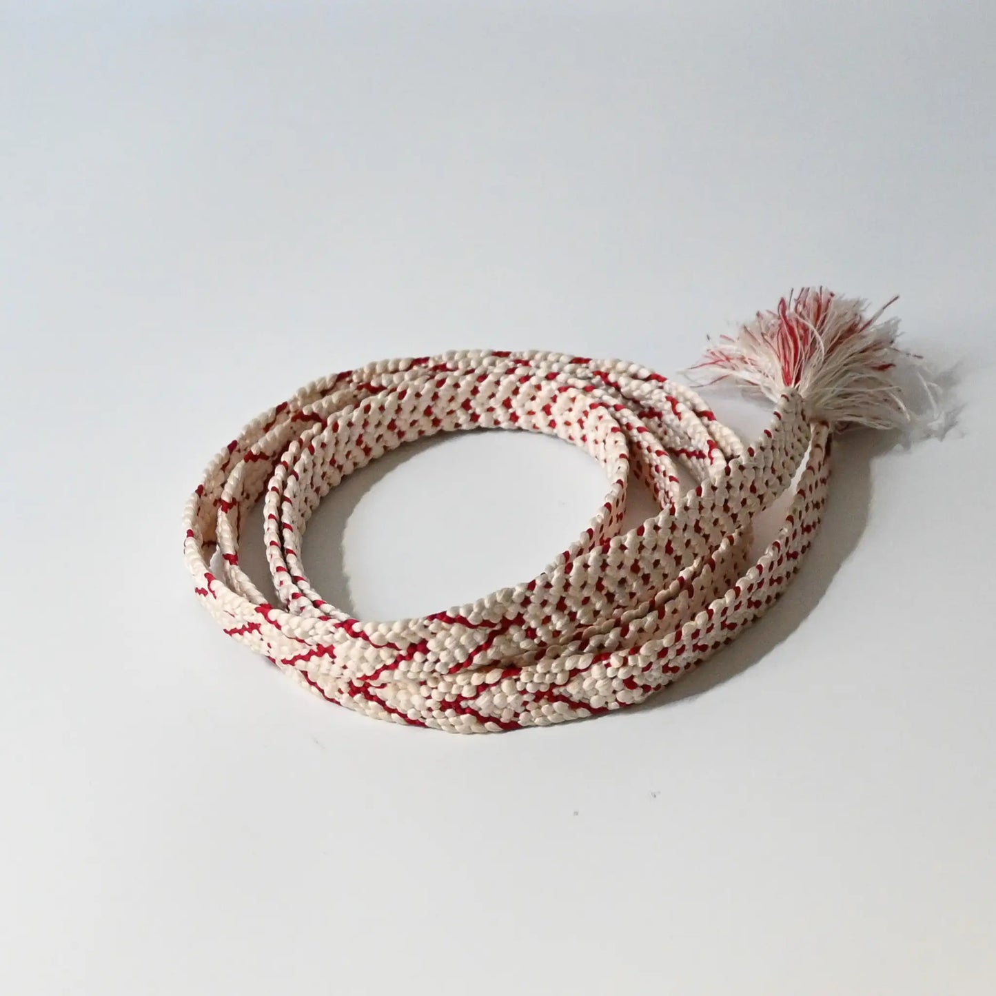 Vintage Kumihimo braided silk Obijime kimono dress accessory, white and red.