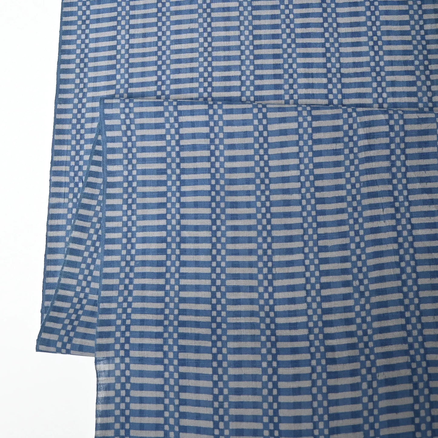 Vintage Japanese men's yukata cotton fabric, soft blue and grey geometric check design, sold by the metre.