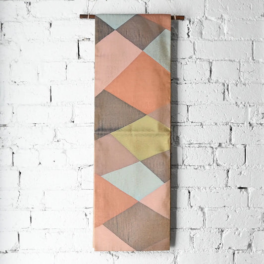 Vintage Japanese women's fukuro obi, striking geometric multicoloured pattern, great as a wall hanging.