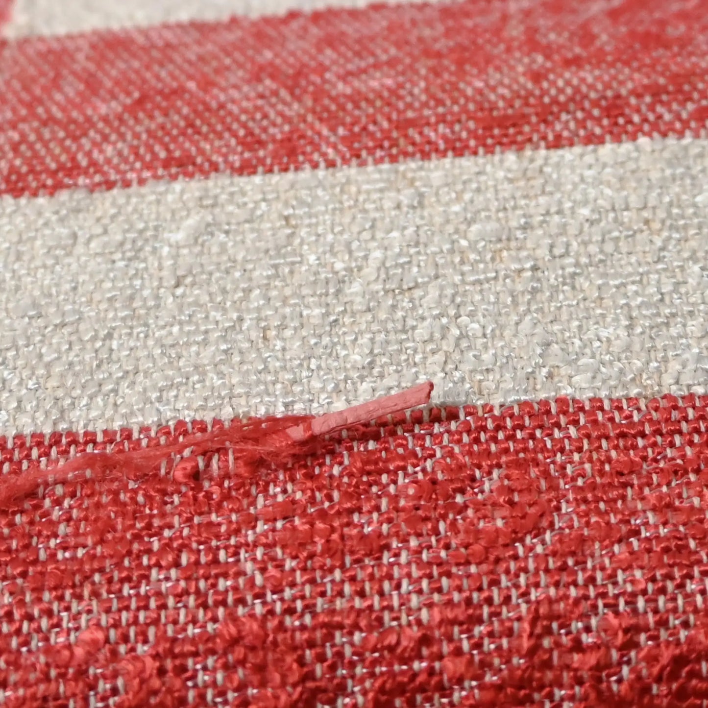 Detailed view of vintage Japanese Shifu paper yarn red and white stripe obi from the mid-20th century.