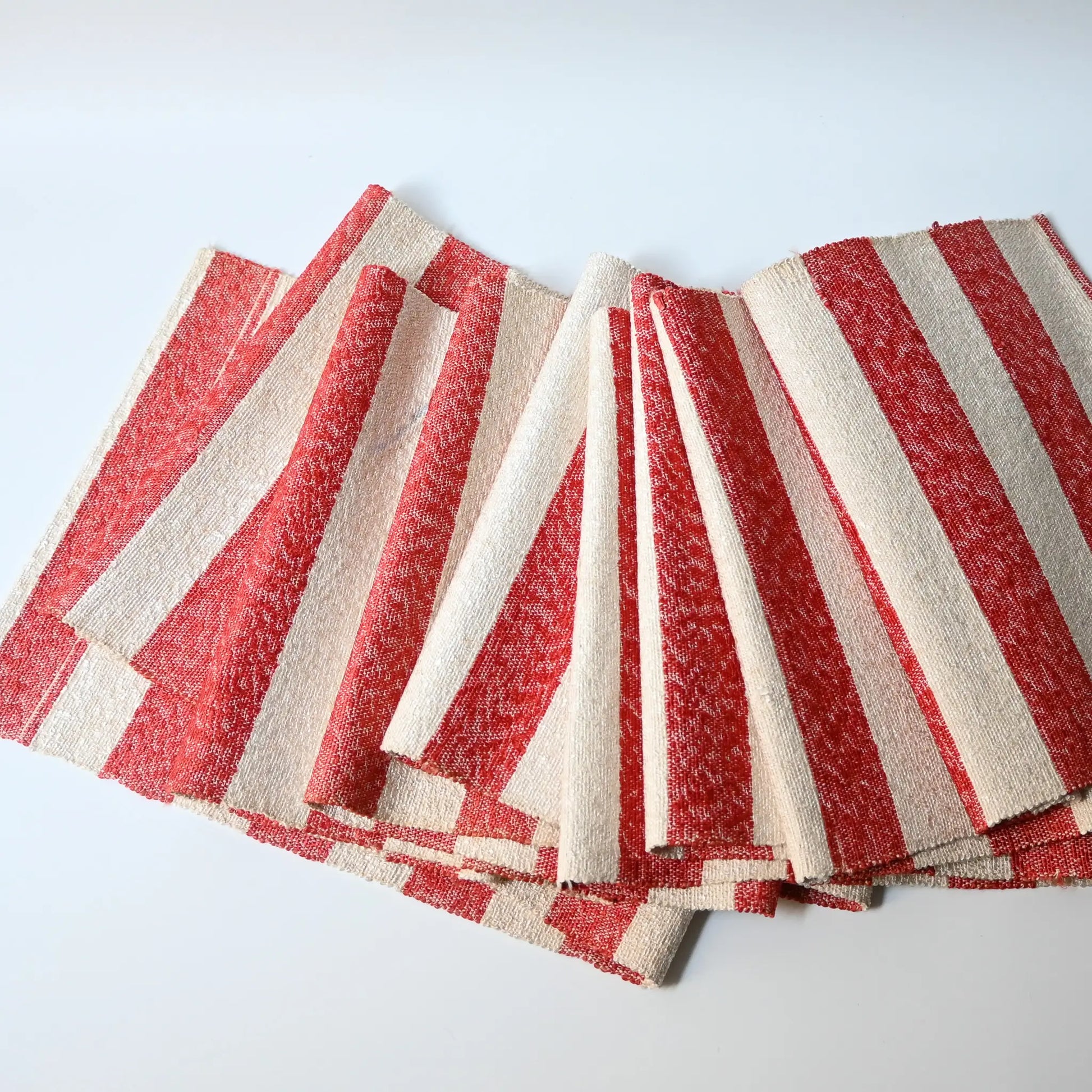 Full view of vintage Japanese Shifu paper yarn red and white stripe obi from the mid-20th century.
