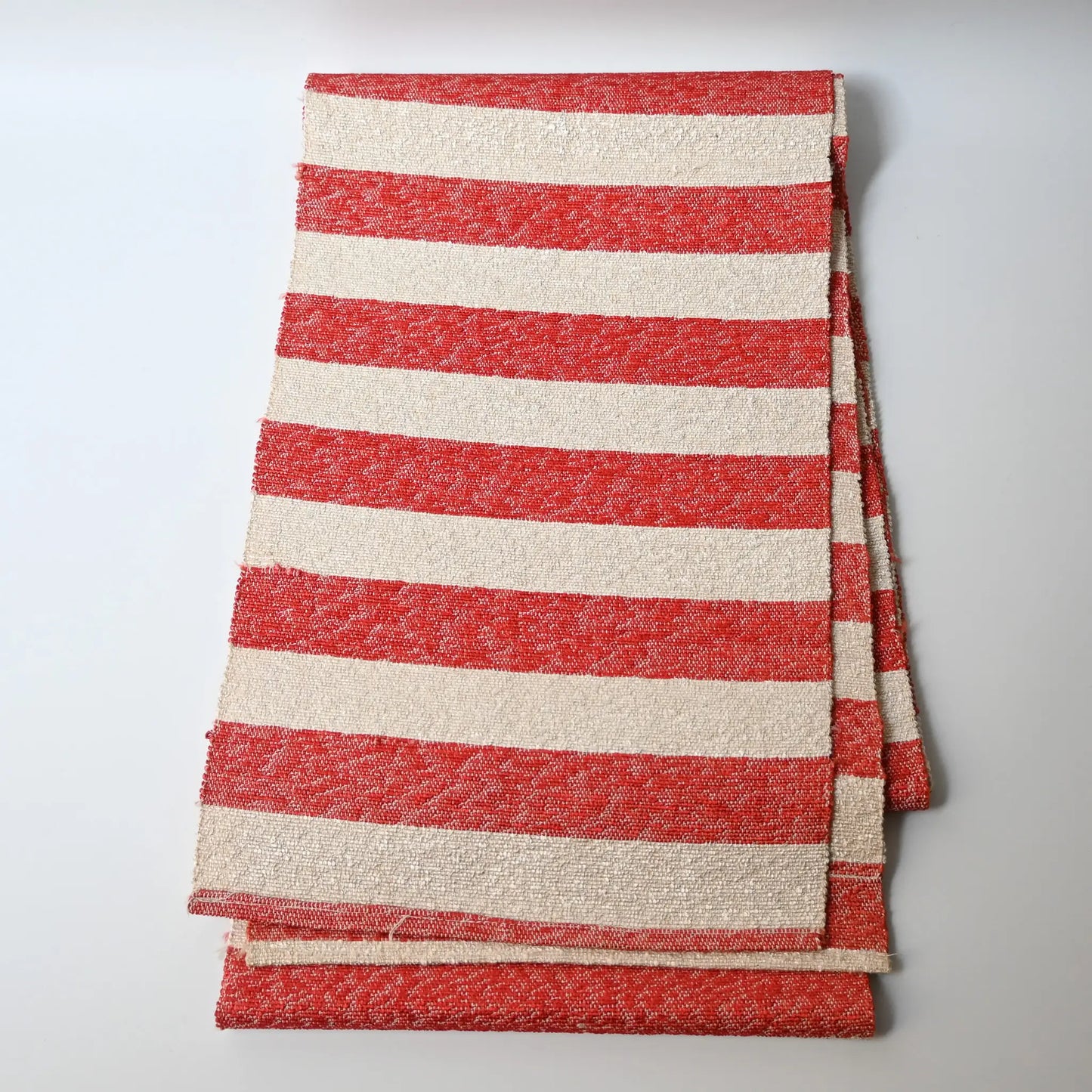 Full view of vintage Japanese Shifu paper yarn red and white stripe obi from the mid-20th century.
