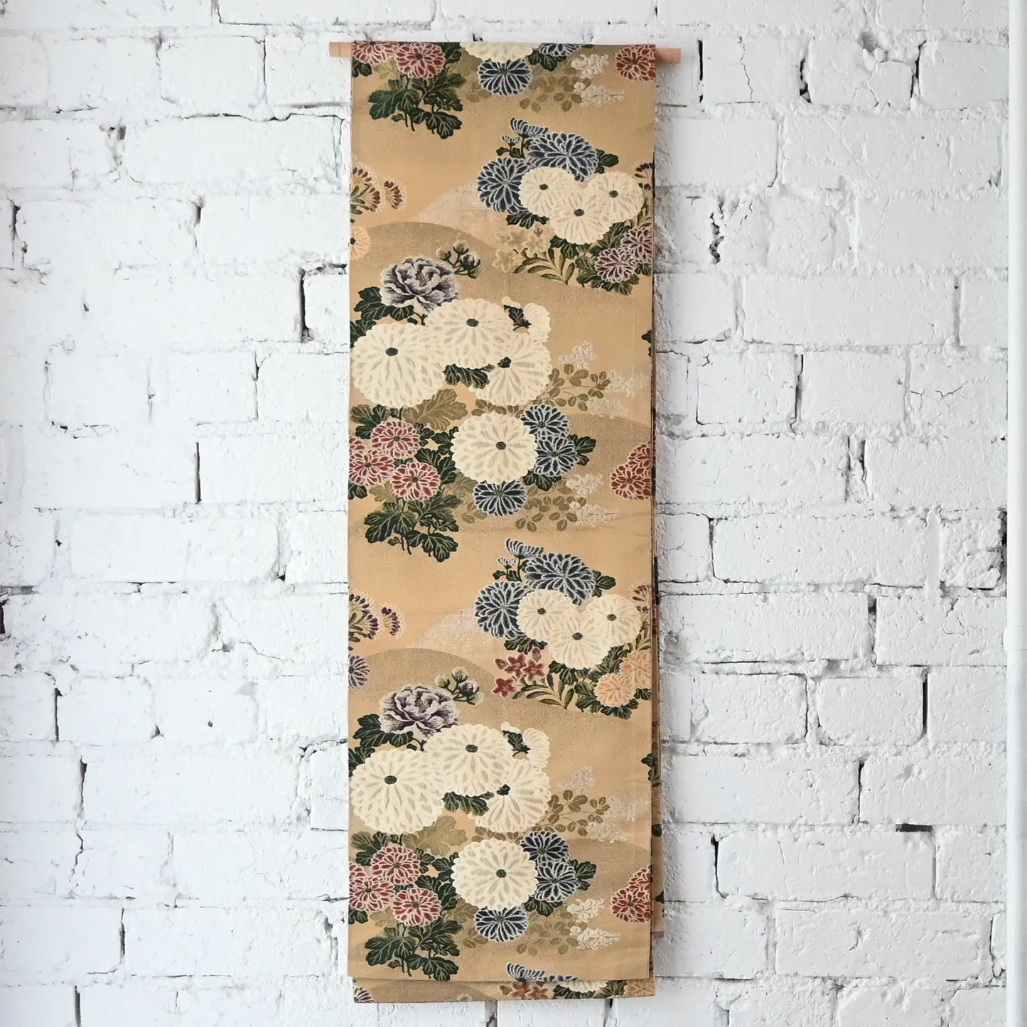 Full view of vintage Japanese women's silk brocade Maru obi with chrysanthemum motif.