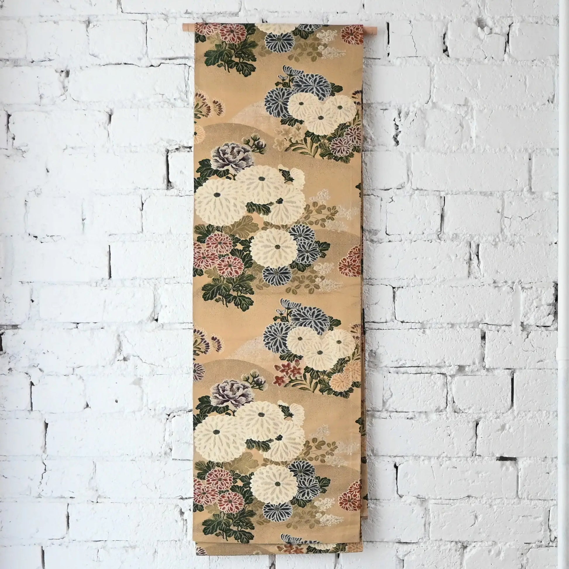 Full view of vintage Japanese women's silk brocade Maru obi with chrysanthemum motif.