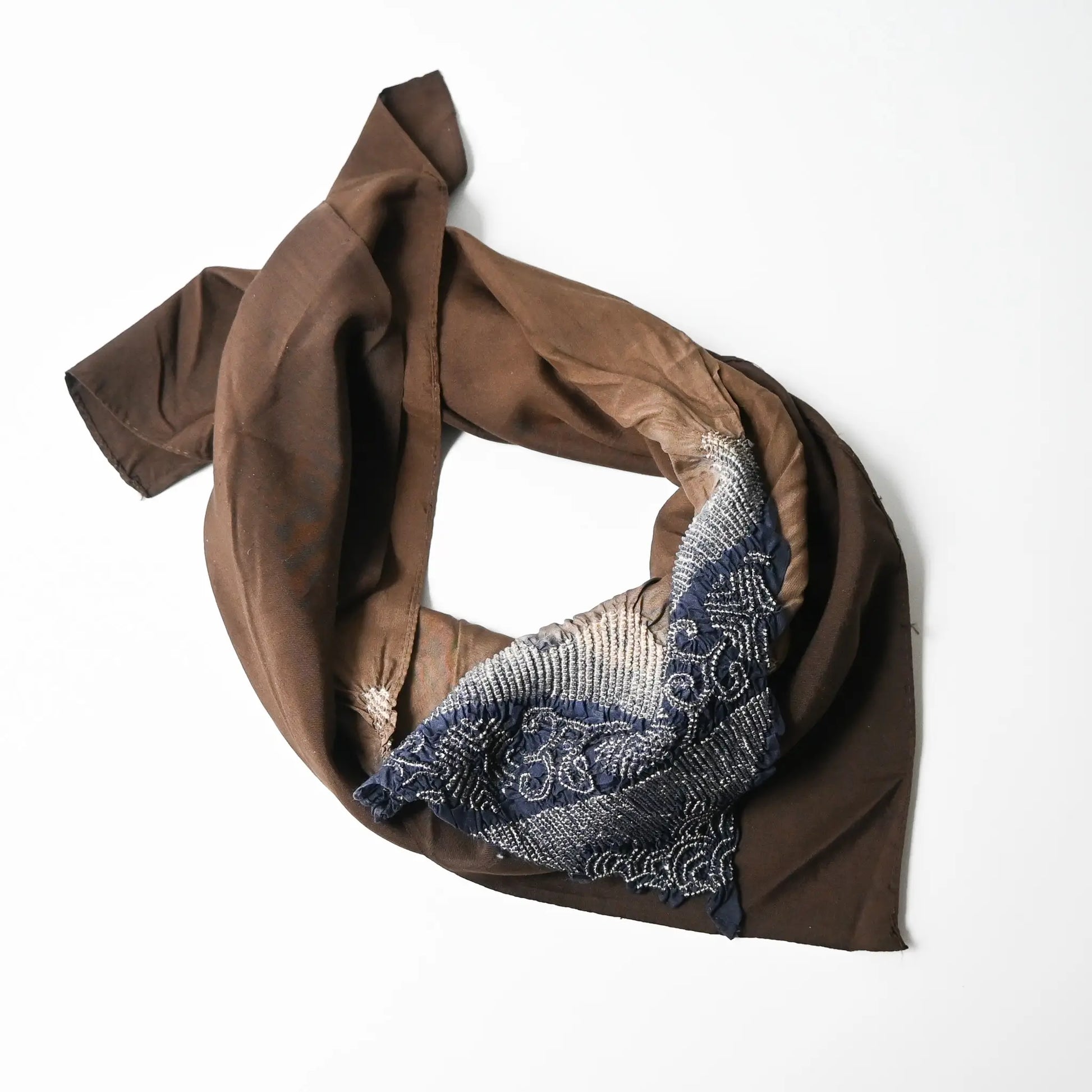 Vintage Japanese silk furoshiki with a hand-dyed shibori in brown can be worn as a scarf.