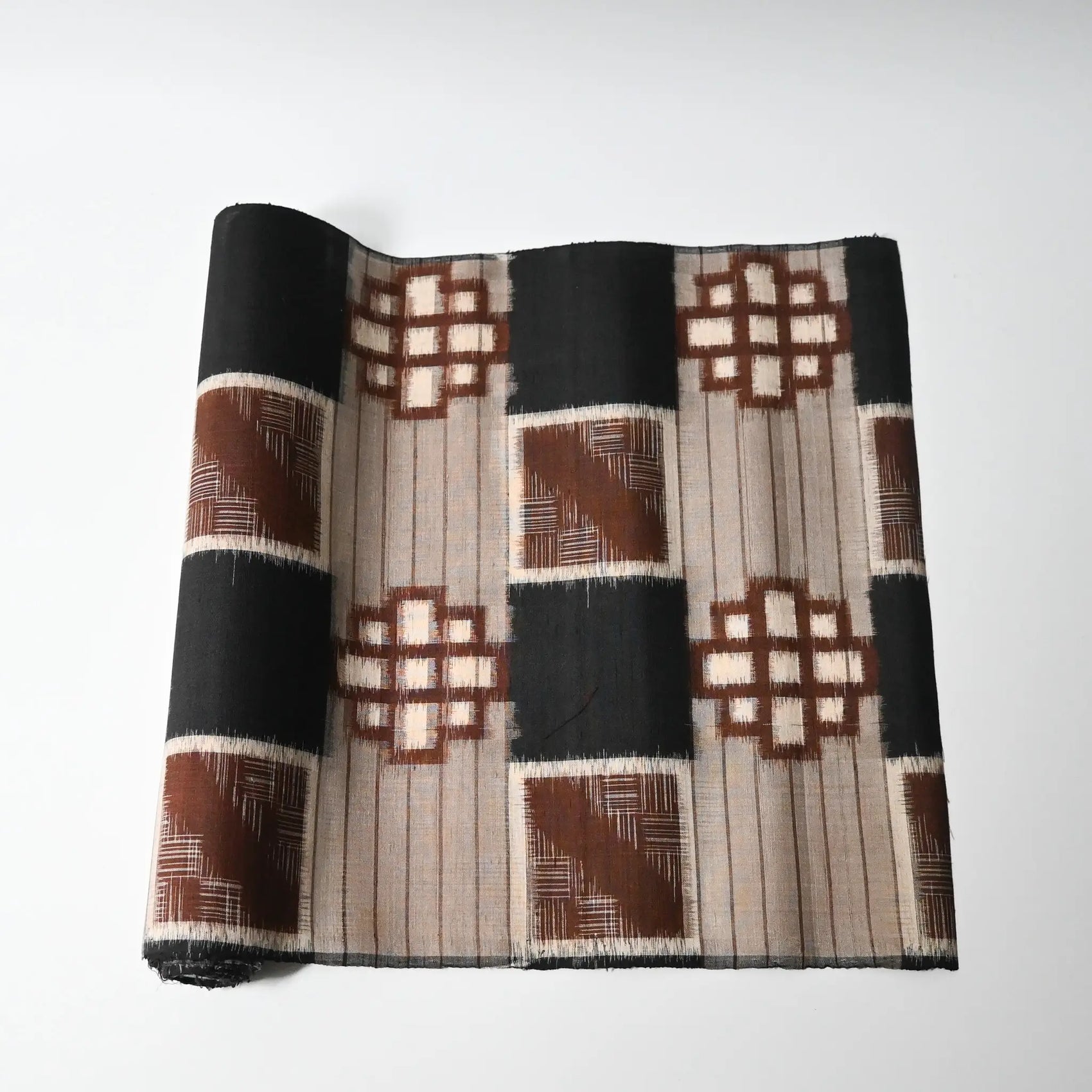 Vintage Japanese silk kimono fabric with bold geometric pattern from the mid-20th century.