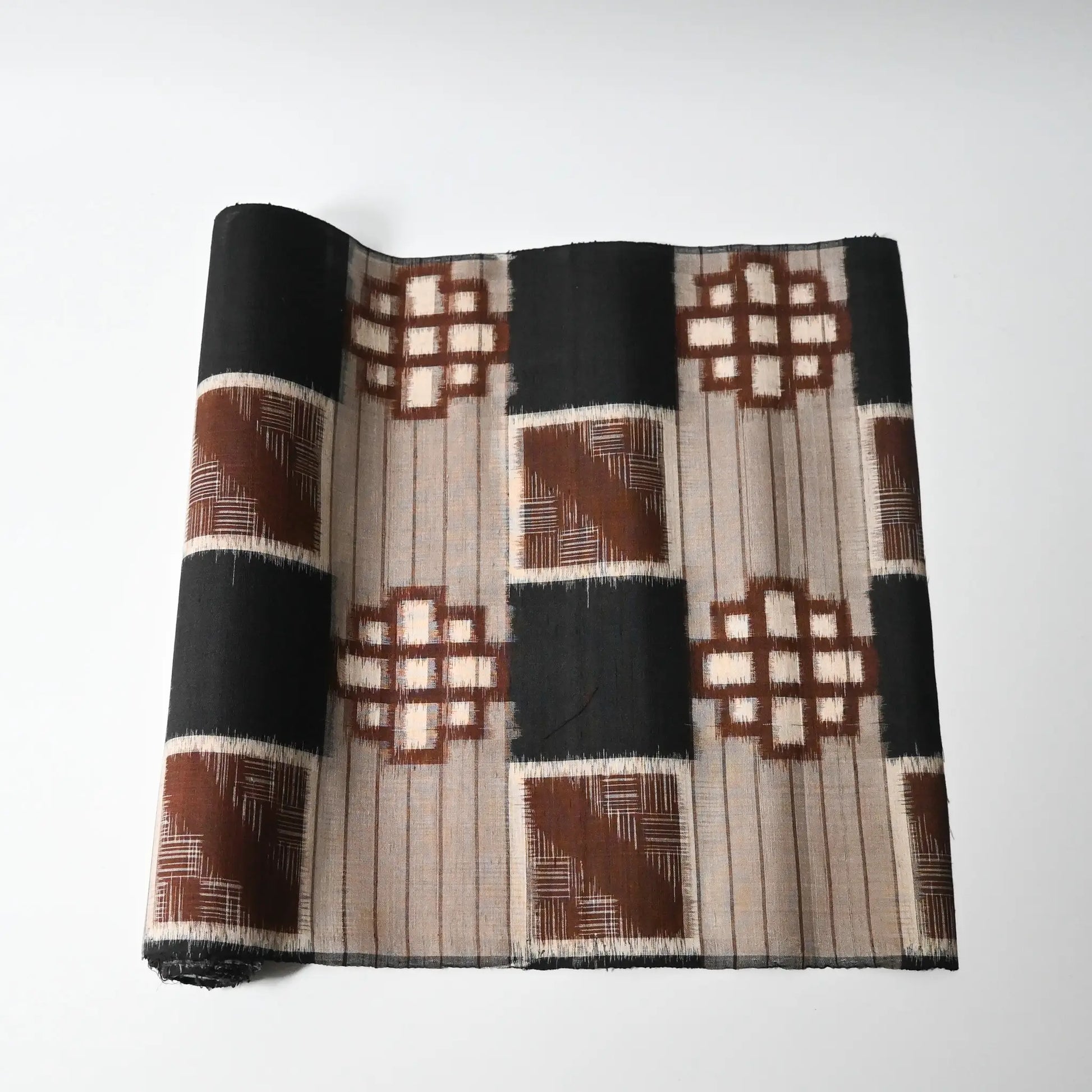Vintage Japanese silk kimono fabric with bold geometric pattern from the mid-20th century.