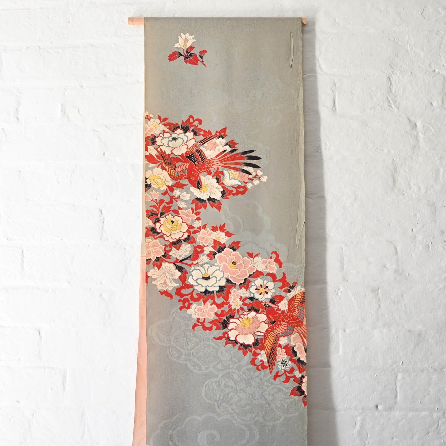 Light grey Rinzu silk jacquard panel with hand-painted peony and phoenix.