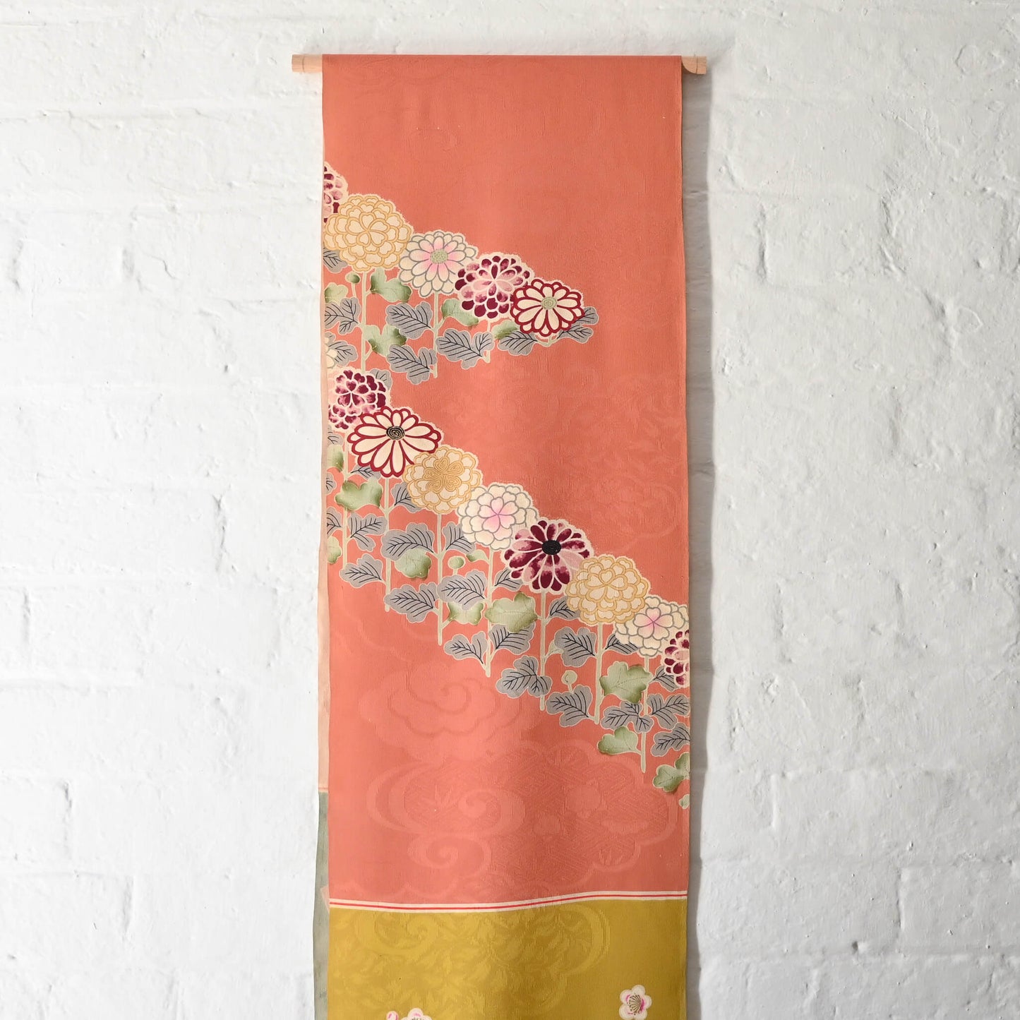 Peachy pink with hand-painted chrysanthemum motif.