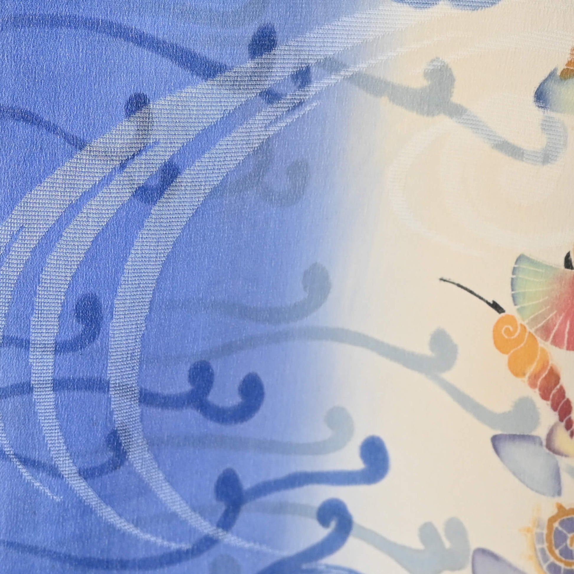 Detailed view of vintage Japanese summer silk kimono fabric piece, very fine sheer silk.