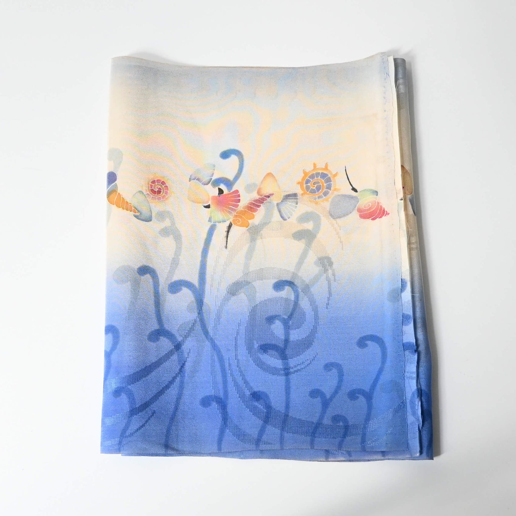 Vintage Japanese women's summer silk kimono fabric piece with wave and shell motif.