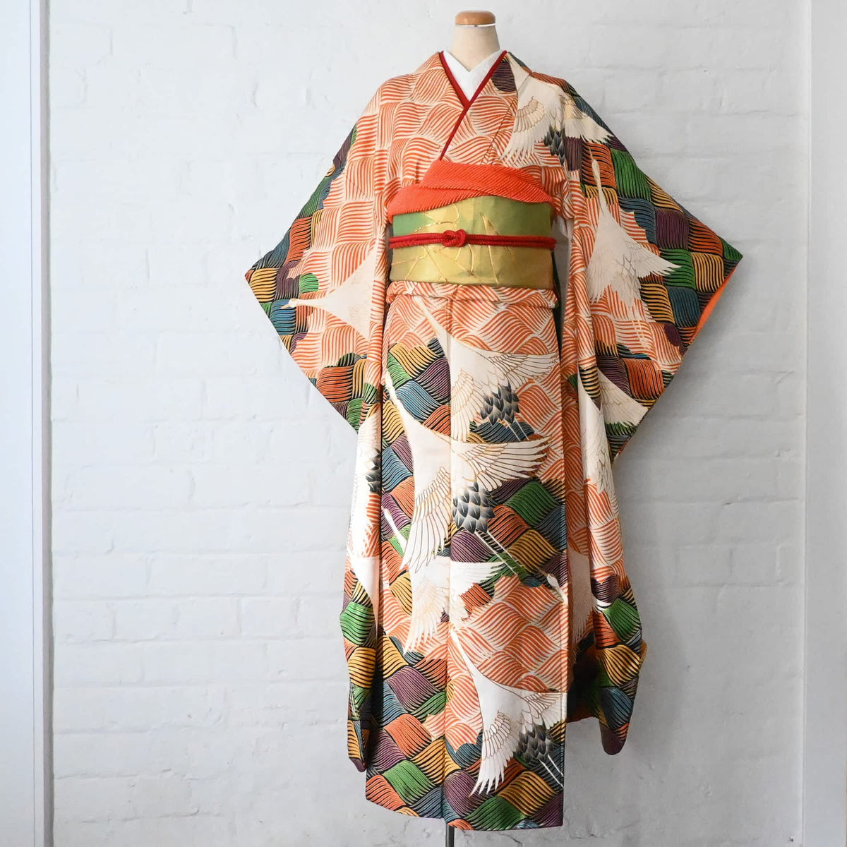 Full coordinate with vintage Japanese women's formal kimono Furisode with green sash Obi.