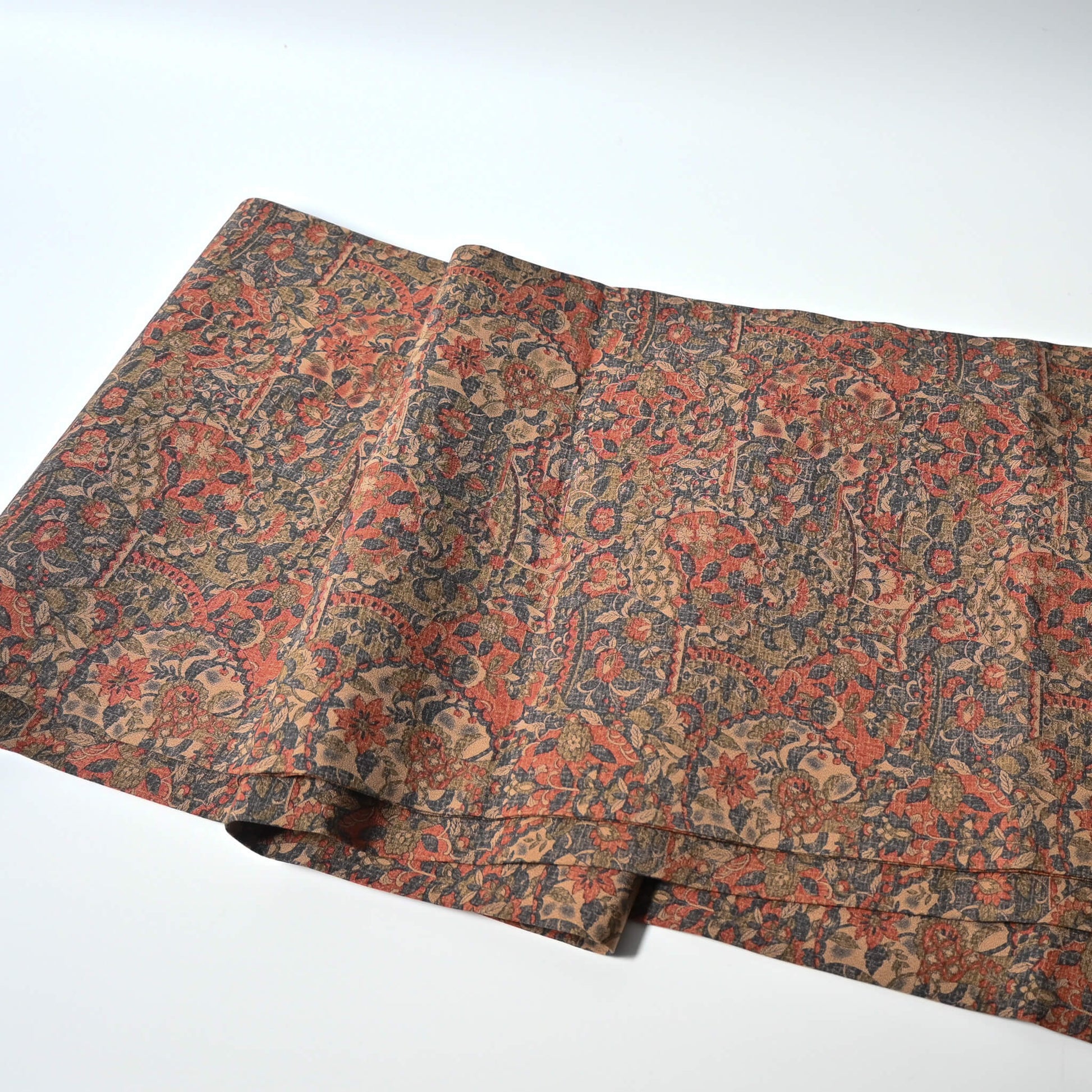 Full view of vintage Japanese women's Sarasa design Nagoya obi in muted colour tone.