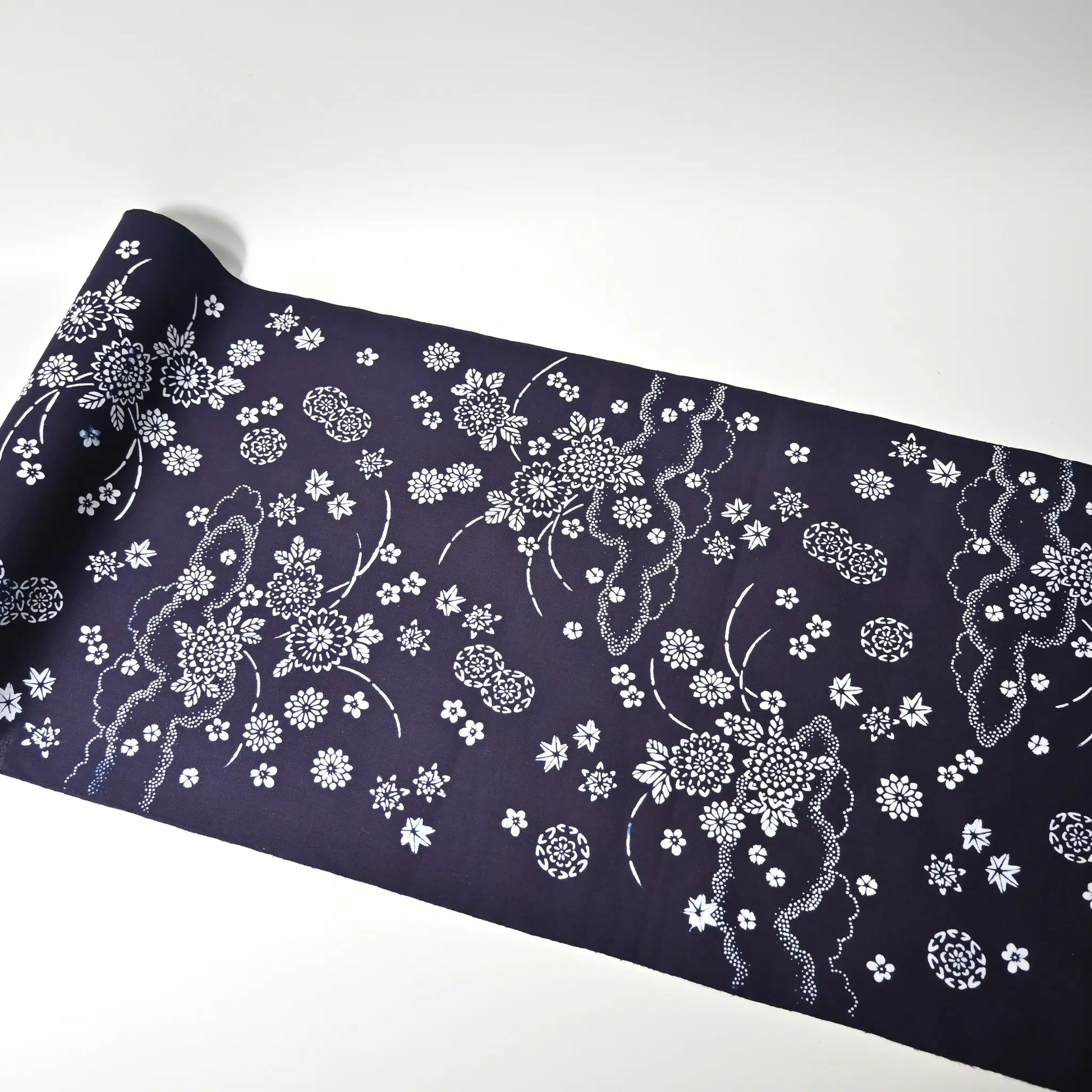 Full view of vintage women's traditional Japanese yukata cotton fabric with floral design.