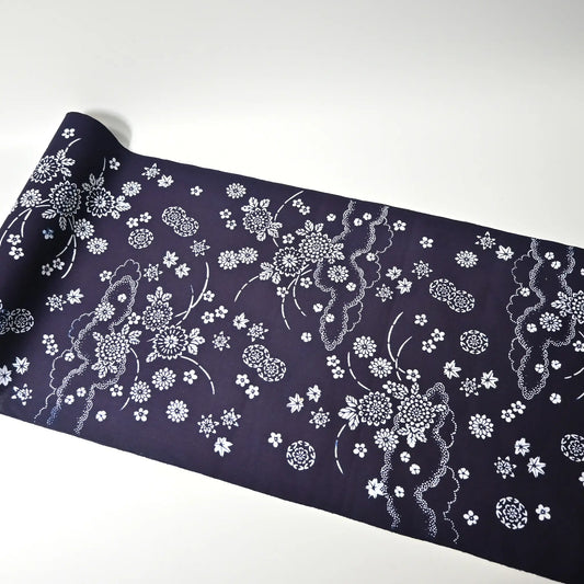 Full view of vintage women's traditional Japanese yukata cotton fabric with floral design.