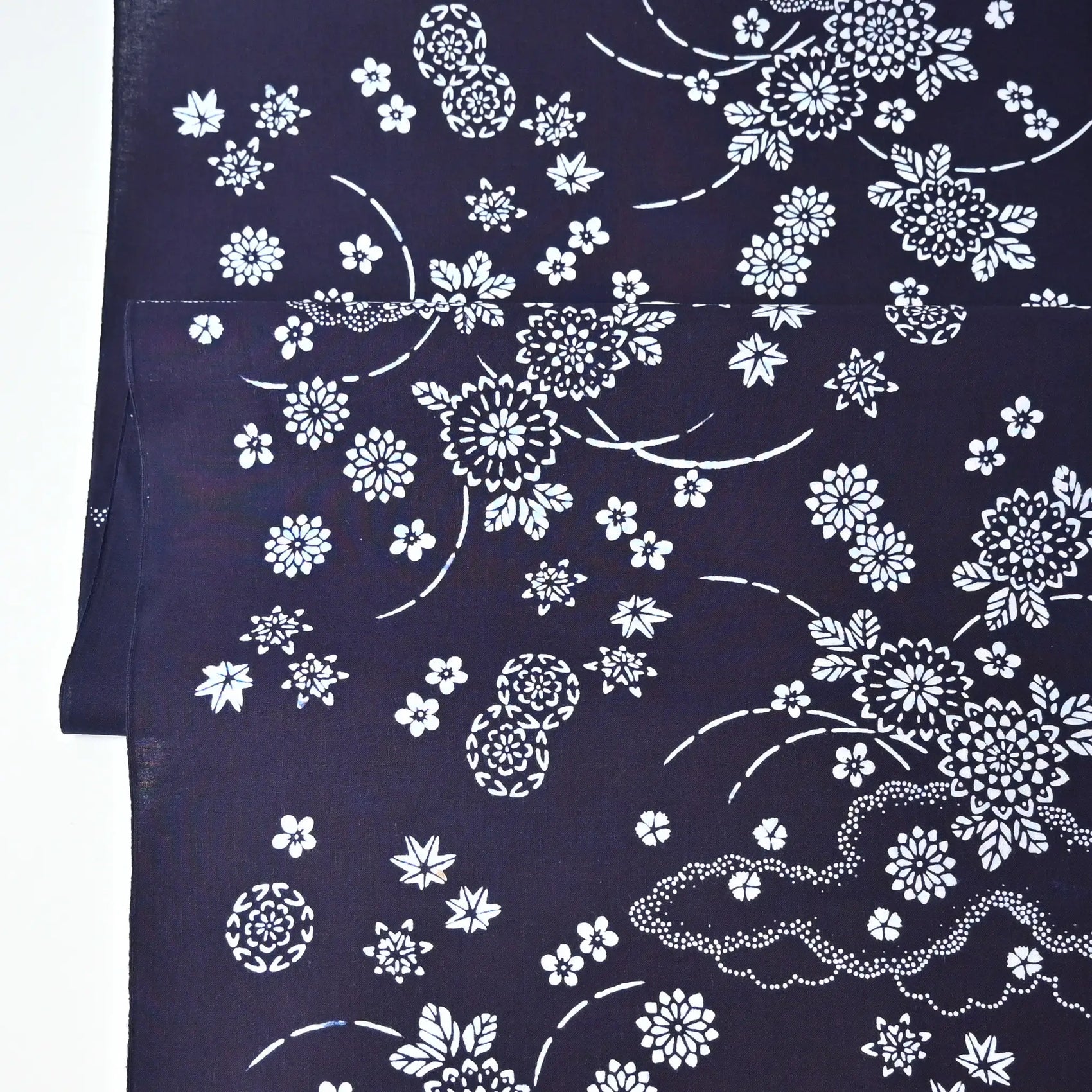 Vintage women's traditional Japanese yukata cotton fabric with floral design.