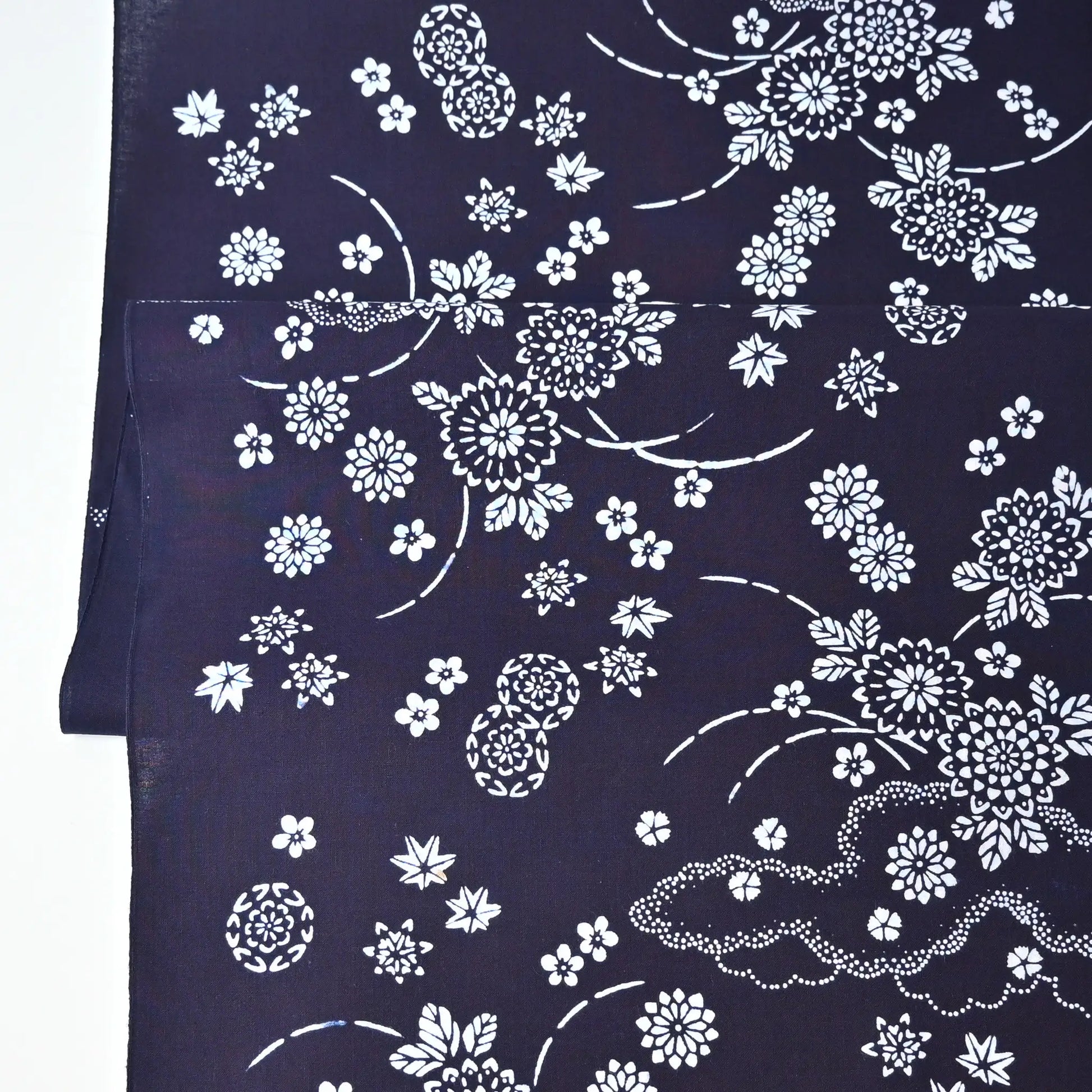 Vintage women's traditional Japanese yukata cotton fabric with floral design.