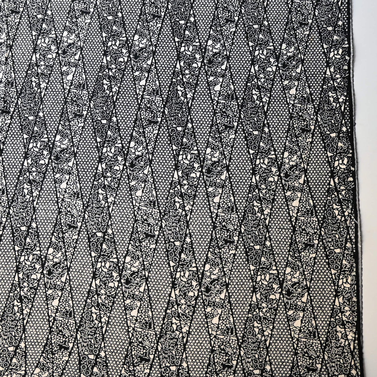 Vintage katazome dyed black and white silk crepe with intricate flower and bird motifs.