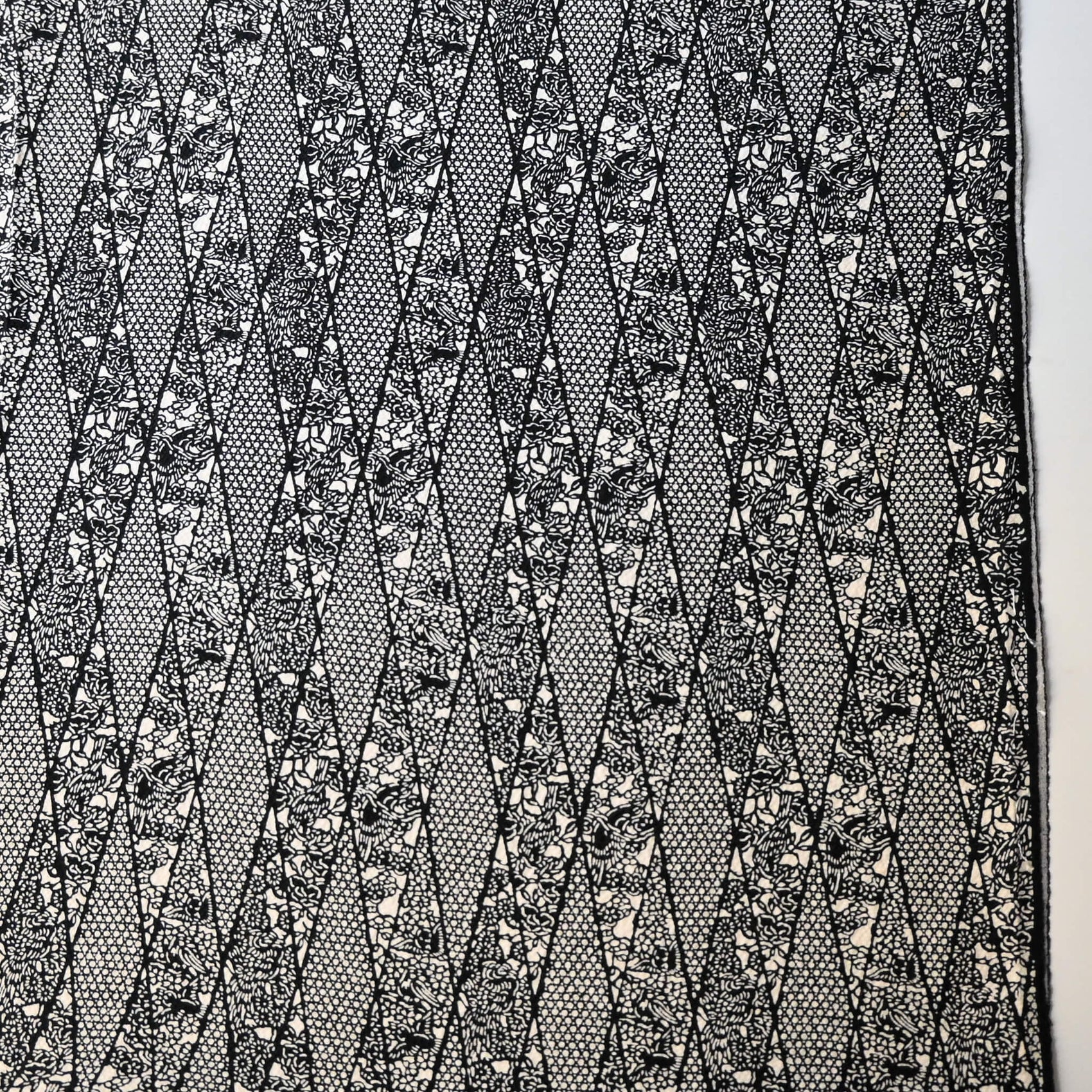 Vintage katazome dyed black and white silk crepe with intricate flower and bird motifs.