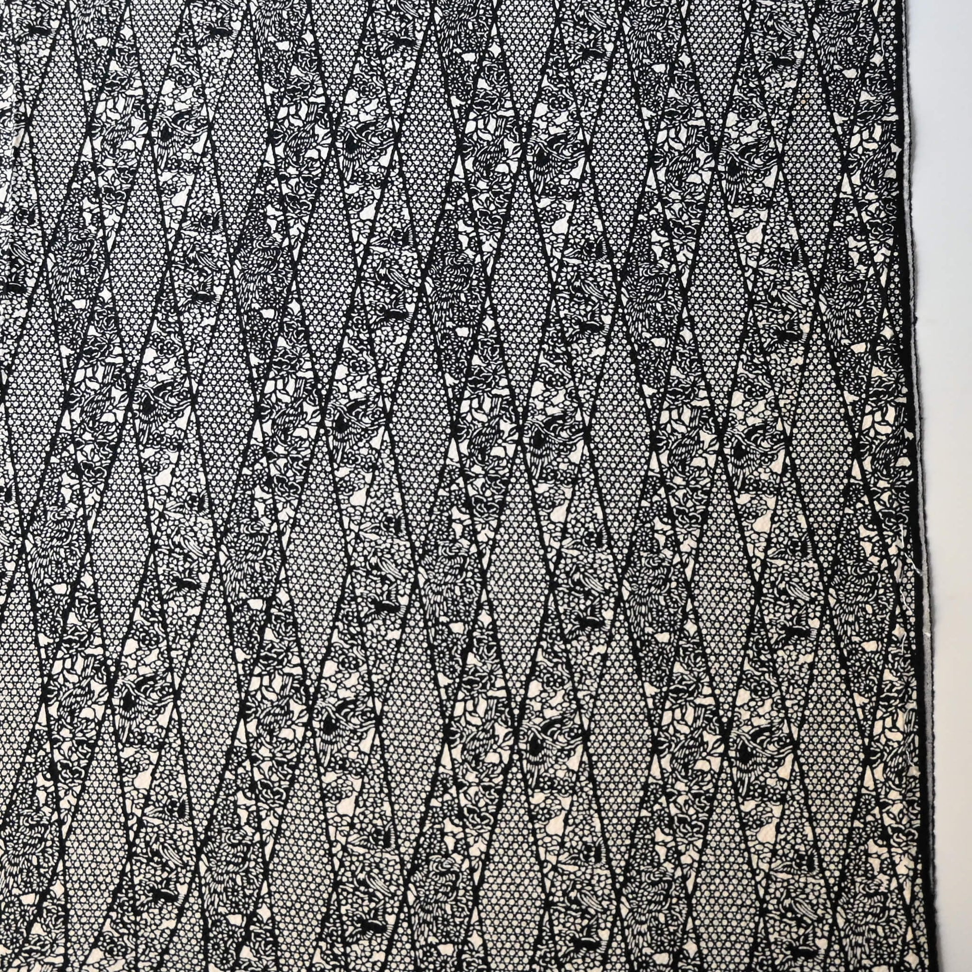 Vintage katazome dyed black and white silk crepe with intricate flower and bird motifs.