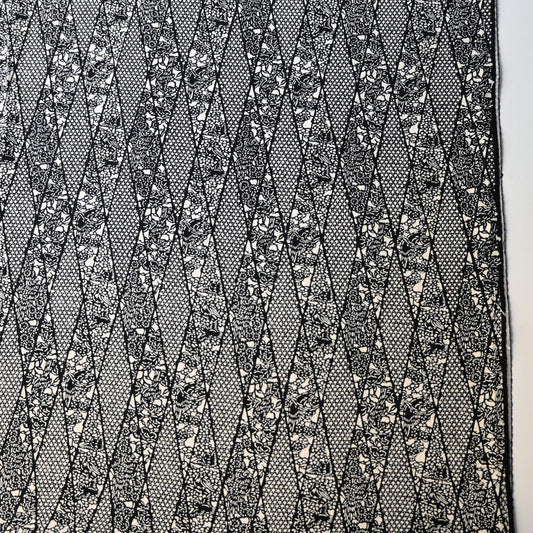 Vintage katazome dyed black and white silk crepe with intricate flower and bird motifs.