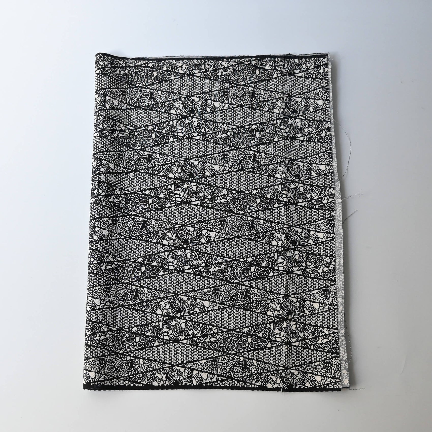 Vintage katazome dyed black and white silk crepe with intricate flower and bird motifs.