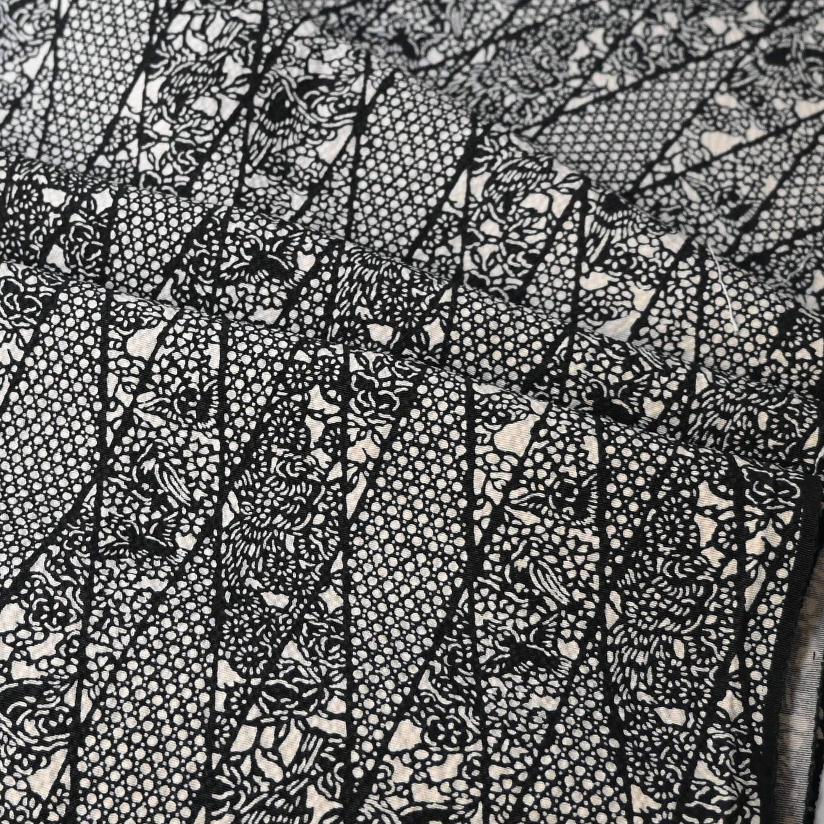 Close-up view of vintage katazome dyed black and white silk crepe with intricate flower and bird motifs.